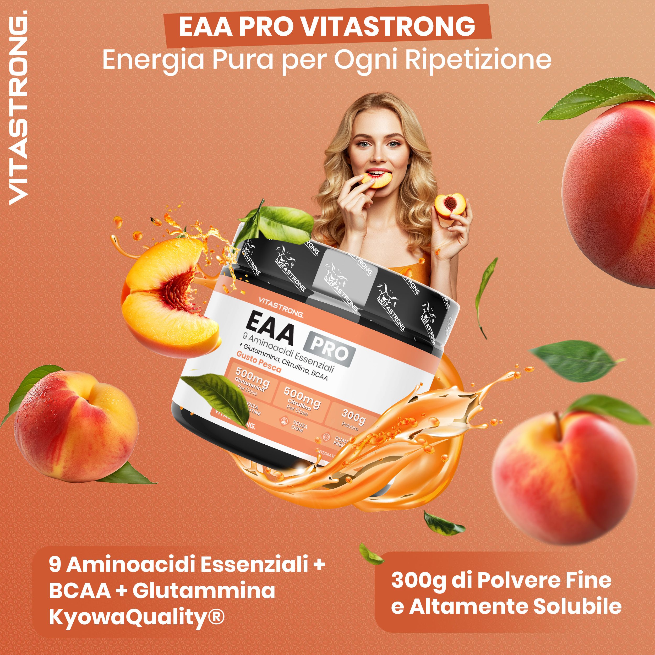 Vitastrong EAA Pro, Dose. Pfirsich-Geschmack. 9 Aminosäuren, BCAA, Glutamin. Pfirsiche und Flüssigkeit.