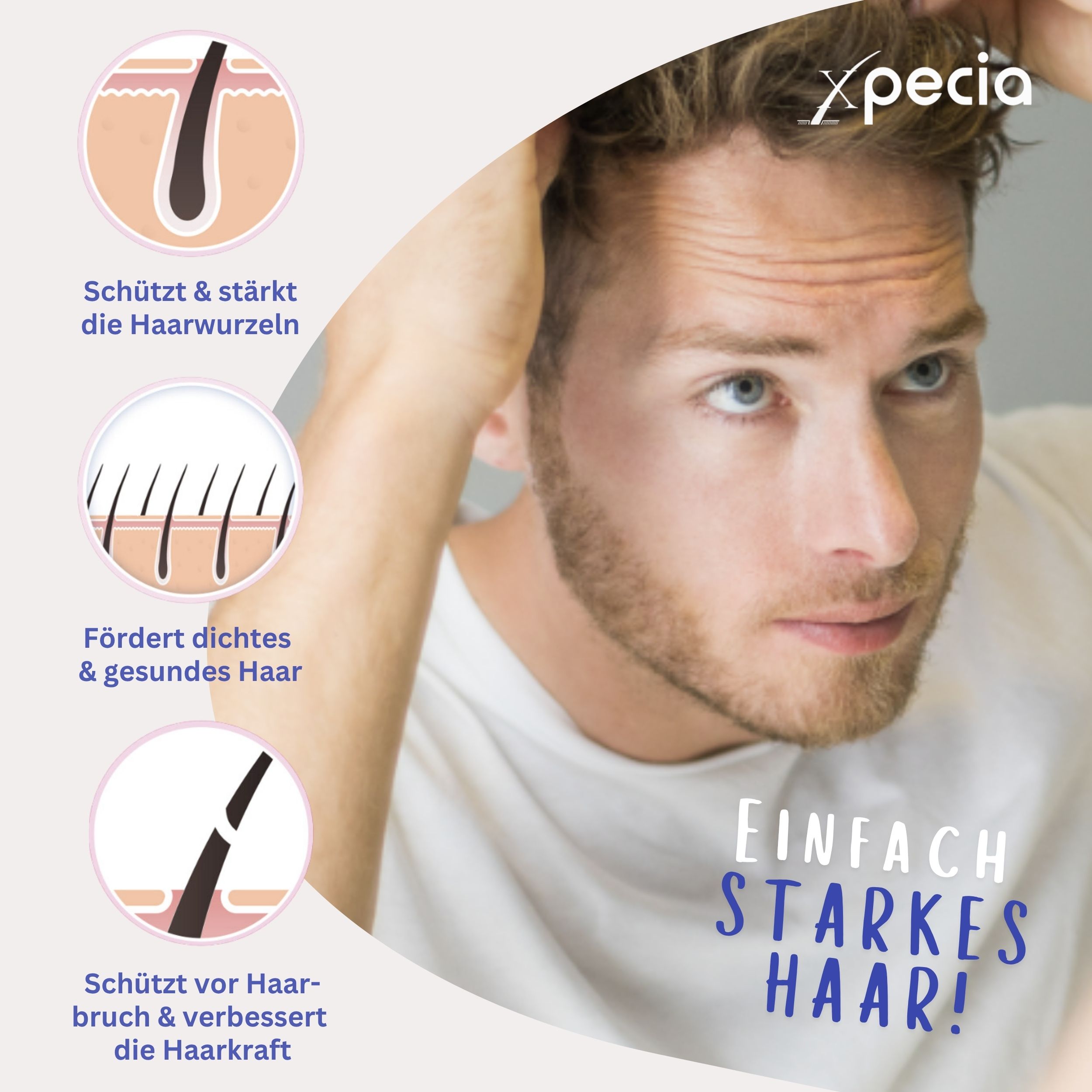 Mann betrachtet sich im Spiegel. Grafiken zeigen Haare, die geschützt und gestärkt werden. Text: Einfach starkes Haar!