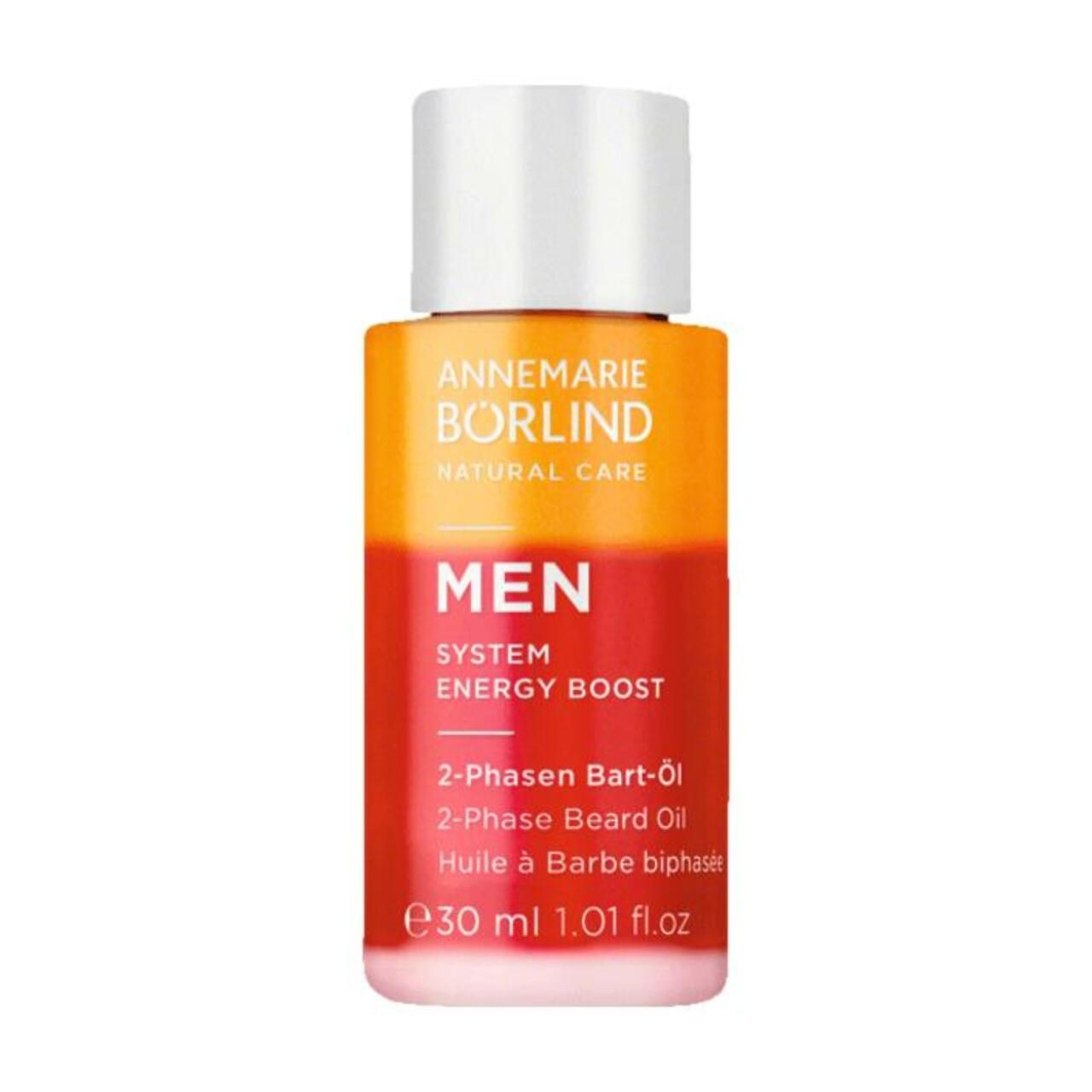 ANNEMARIE BÖRLIND MEN 2-Phasen Bart-Öl. Flasche mit weißem Deckel, orange-roter Farbverlauf. Text: MEN, 2-Phasen Bart-Öl, 30 ml.