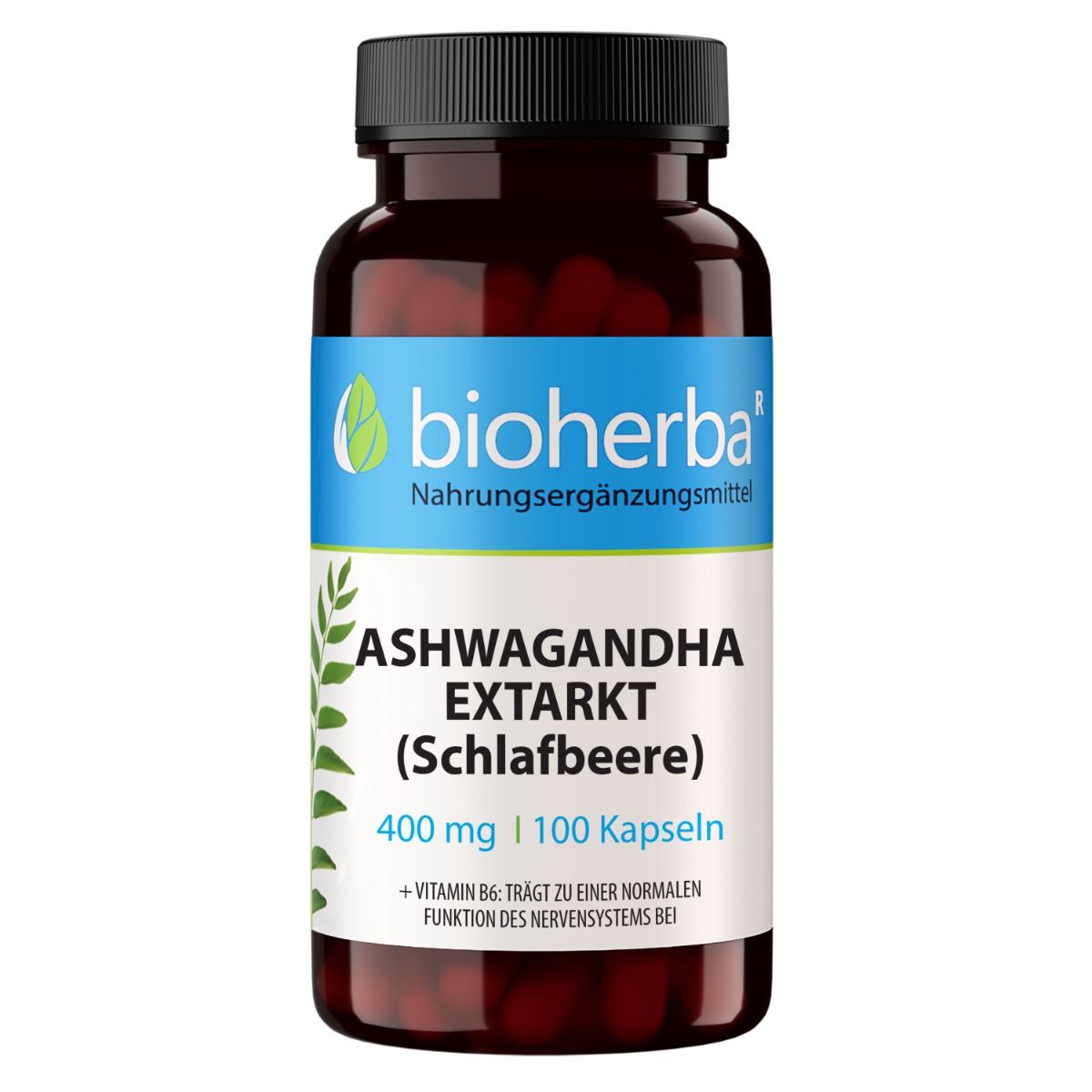 Braune Flasche mit Bioherba Ashwagandha Extrakt Kapseln. 100 Kapseln. 400 mg pro Kapsel. Mit Vitamin B6. Schwarzer Deckel.