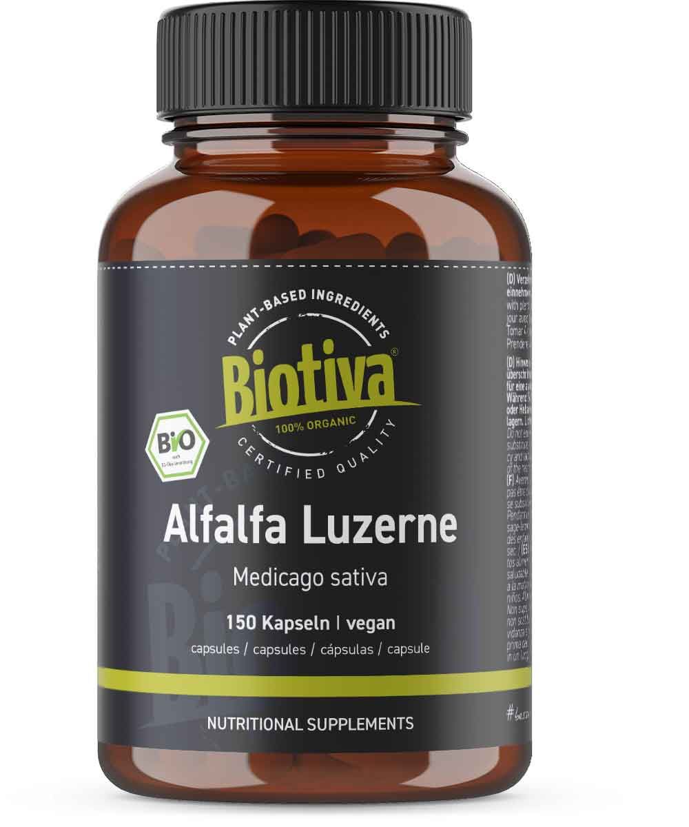 Braune Kapsel-Dose mit schwarzem Etikett. Biotiva-Logo, Alfalfa Luzerne, Bio-Siegel. 150 Kapseln, vegan.