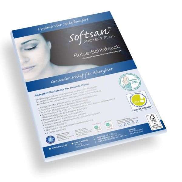 Verpackung des Softsan Protect Plus Reiseschlafsacks. Text: Gesunder Schlaf für Allergiker. Logo: Service Allergie.