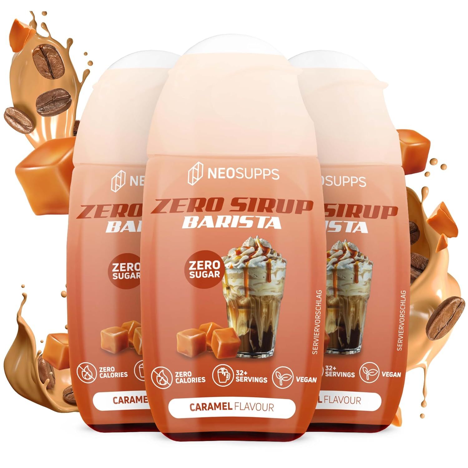 Drei Flaschen Neosupps Zero Sirup Barista. Aufschrift: Zero Sugar, Caramel Flavour, 12+ Portionen, vegan.