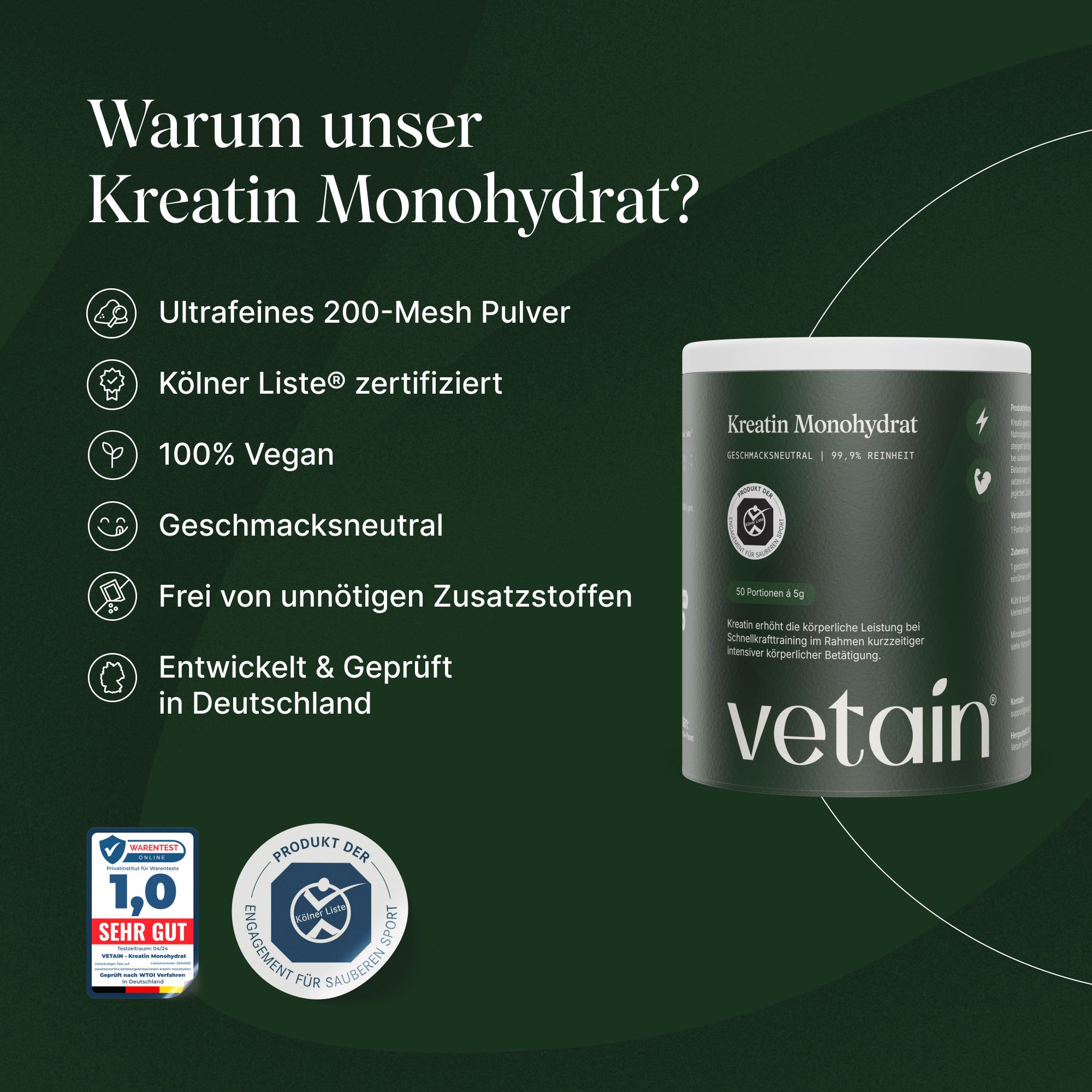 VETAIN Proteinpulver Vanille + Kreatin Monohydrat – 21g Protein - vegan, fermentiert & ohne Zusätze