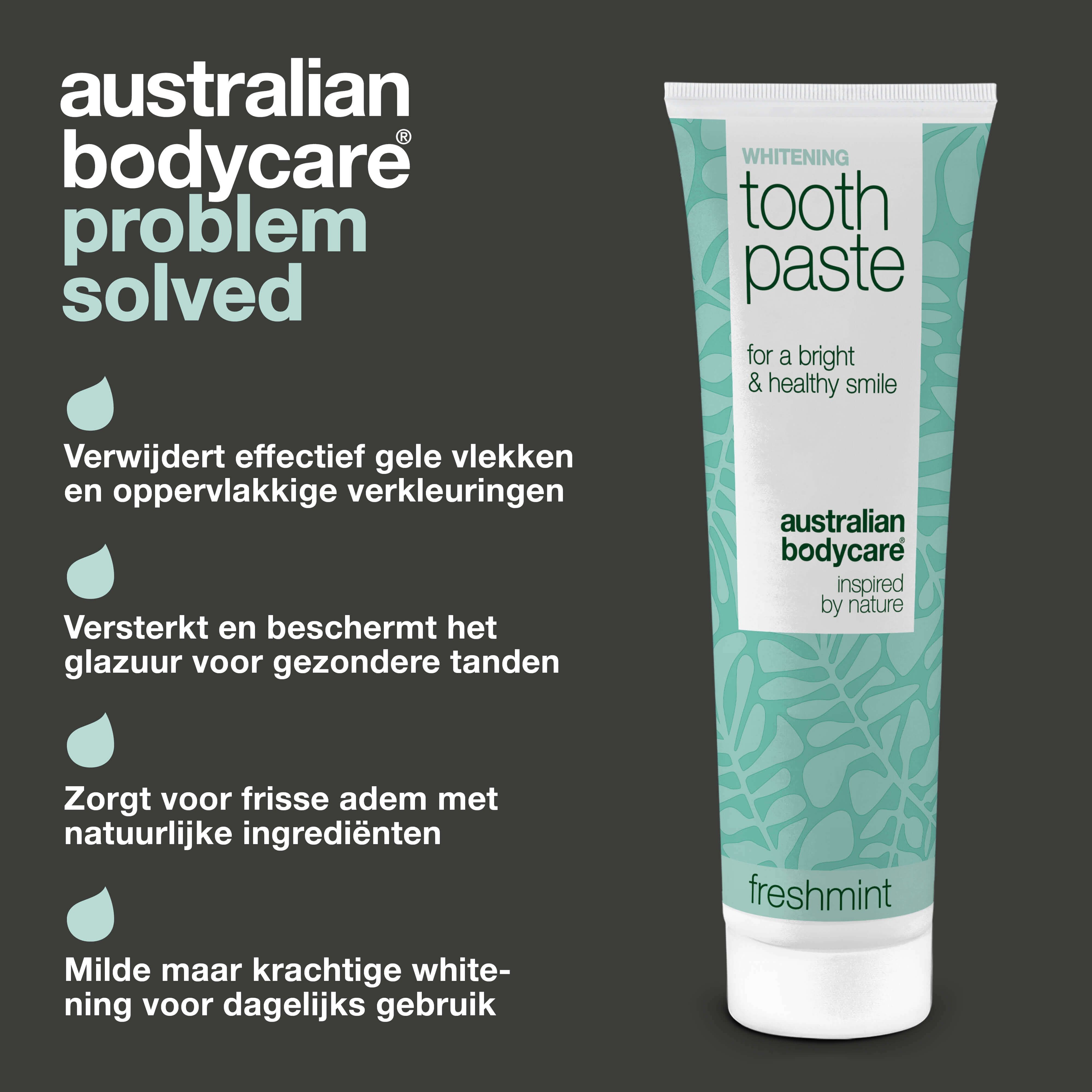 Tandpastatube met tekst. Opschrift: Whitening Toothpaste, Australian Bodycare, Freshmint.