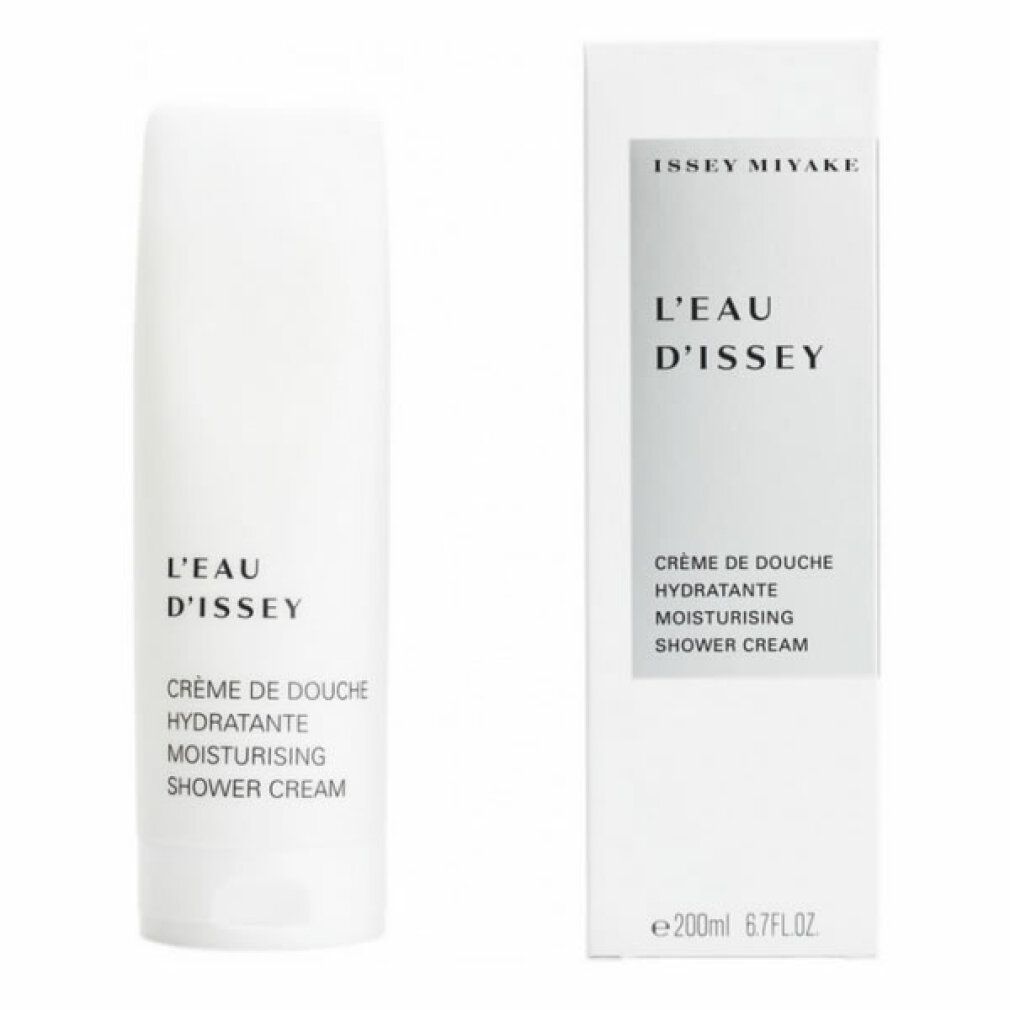 Weißer Behälter und Verpackung. Aufschrift: ISSEY MIYAKE, L'EAU D'ISSEY, Crème de Douche Hydratante, Moisturising Shower Cream.