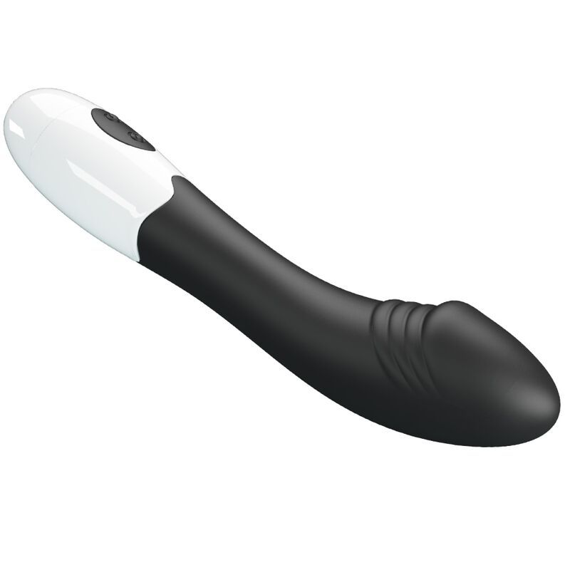 Schwarz-weißer Vibrator mit gebogener Form. Oberteil mit Rillen, Unterteil mit zwei Knöpfen.