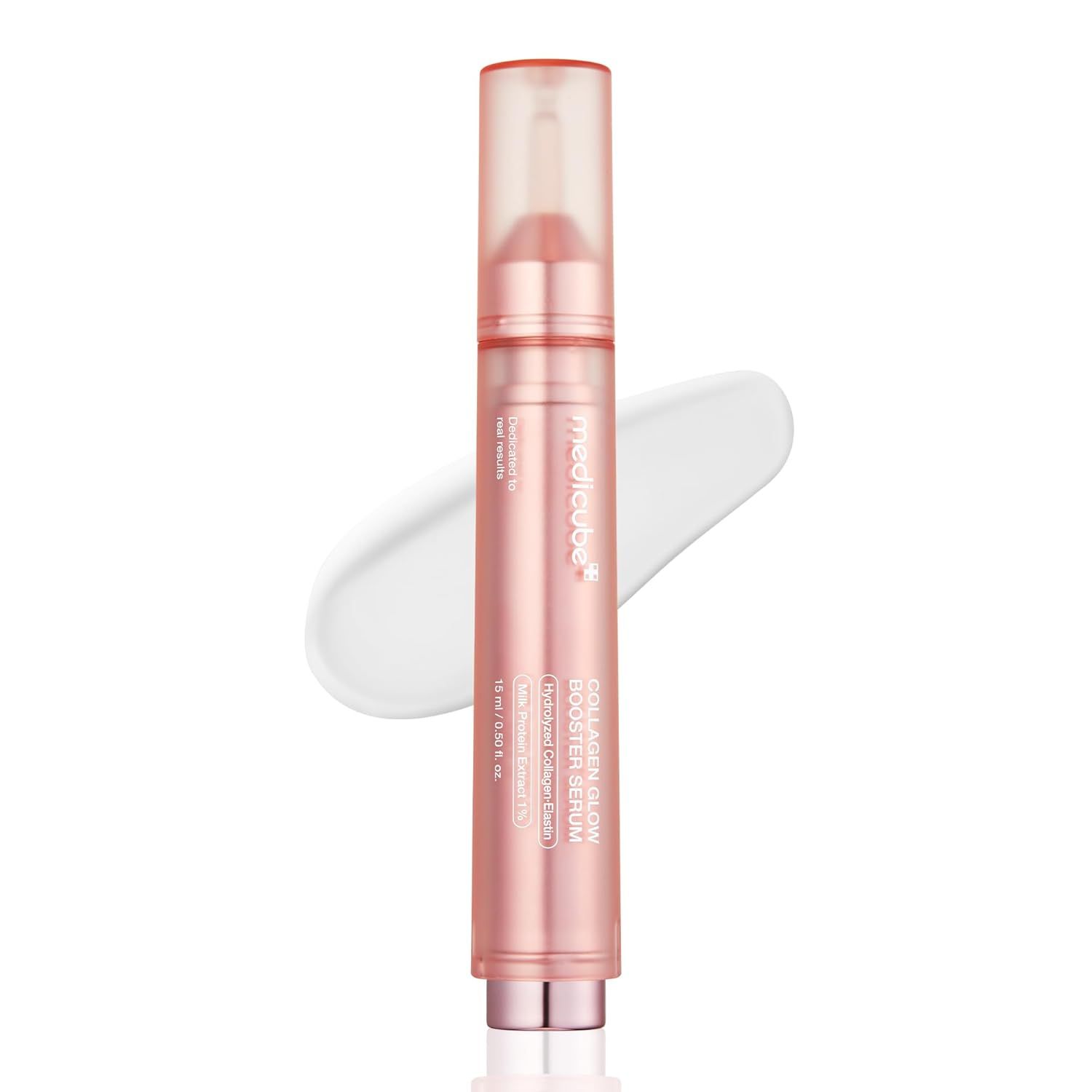 Rosa Serumflasche mit Applikator und weißem Serum-Klecks. Aufschrift: MEDICUBE Collagen Glow Booster Serum.