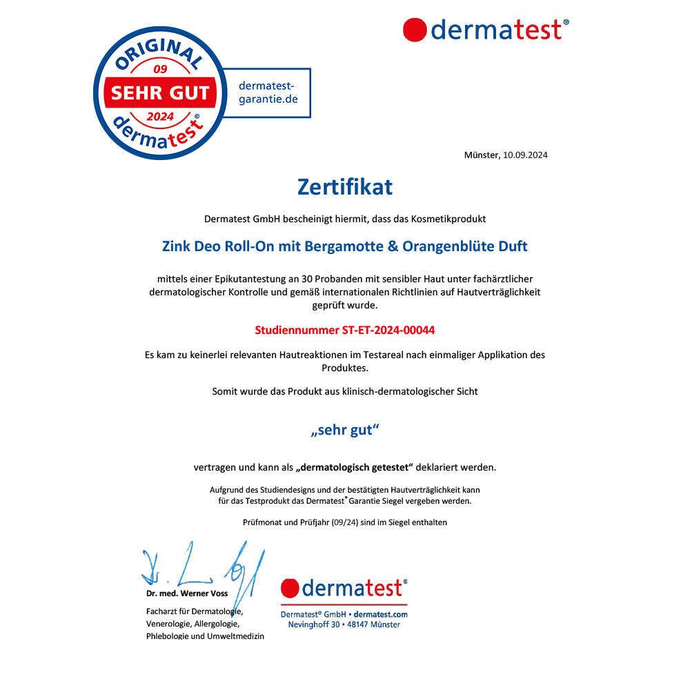 Zertifikat von Dermatest. Sehr gut. Zink Deo Roll-On mit Bergamotte & Orangenblüte Duft. Geprüft auf Hautverträglichkeit.
