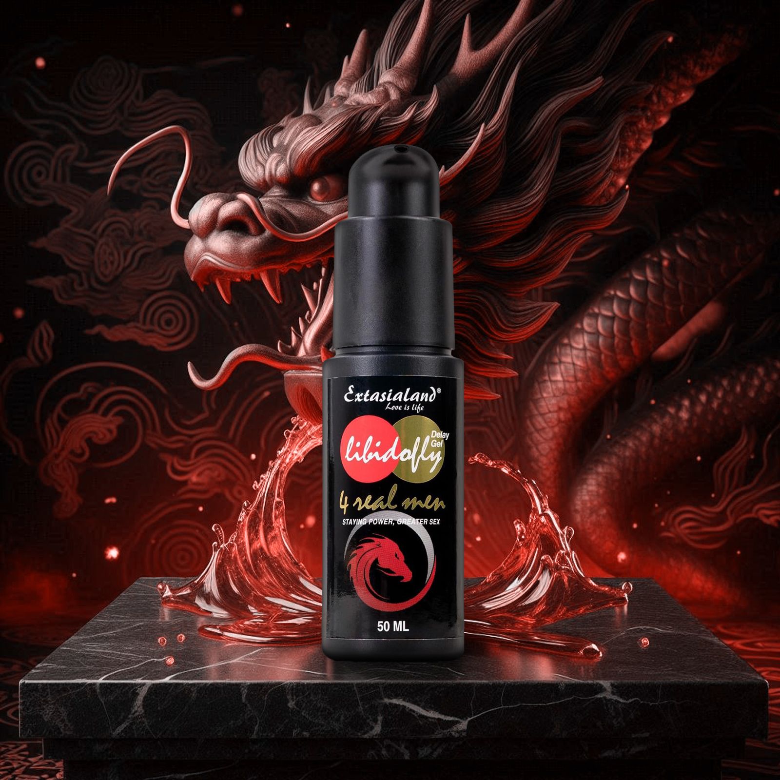 Schwarze Flasche vor rotem Drachen. Text: Extasialand, Libidofly, 4 real men. 50 ml.