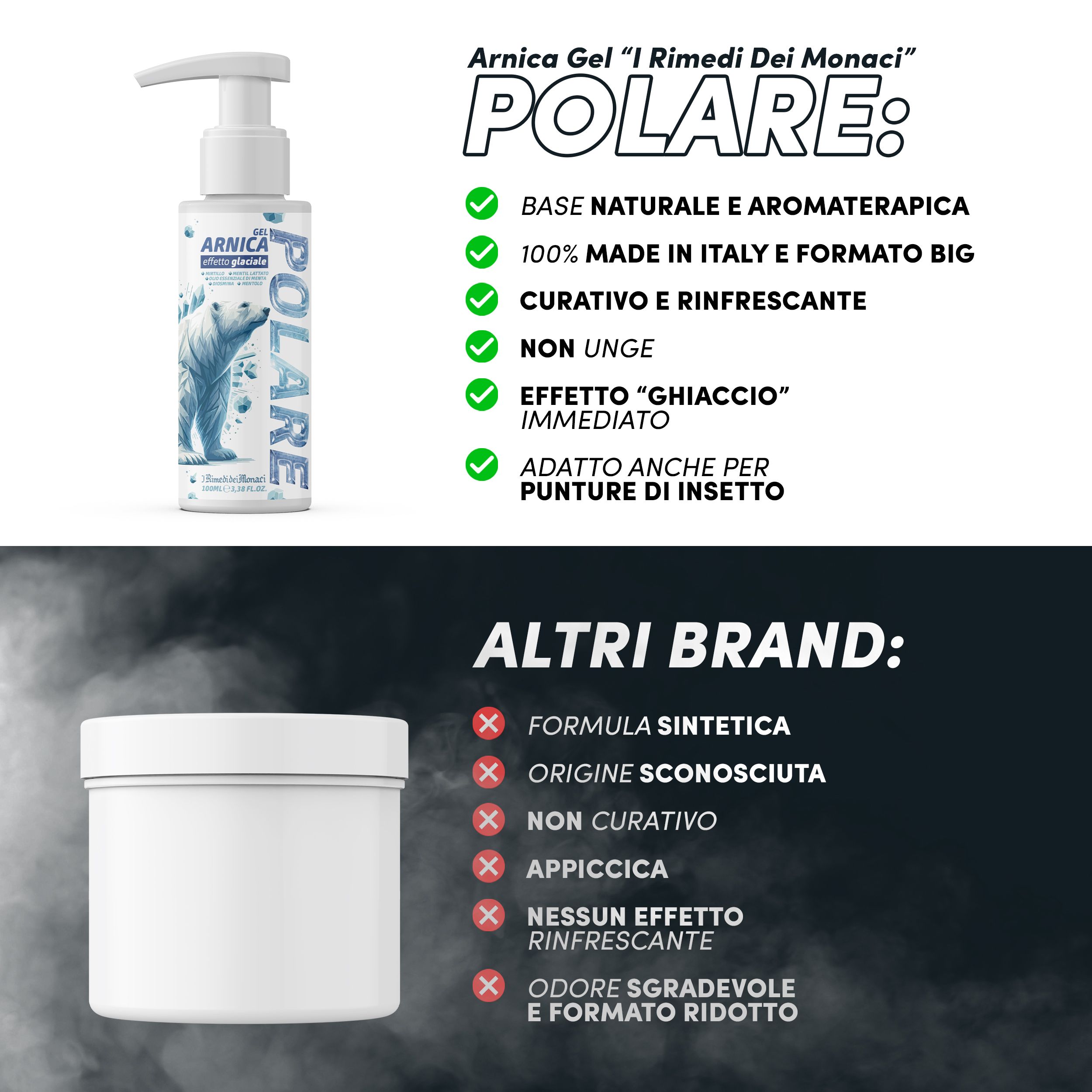 Flasche mit Gel. Text: Arnica Gel "I Rimedi Dei Monaci" POLARE. Liste: BASE NATURALE, 100% MADE IN ITALY, CURATIVO, NON UNGE, EFFETTO GHIACCIO, PUNCTURE.