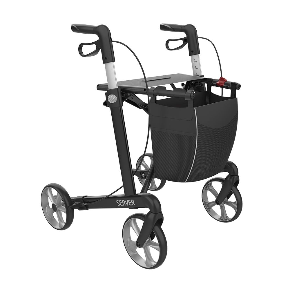 Schwarzer Rollator mit vier Rädern, Korb und Tablett. Der Rollator hat den Schriftzug SERVER.