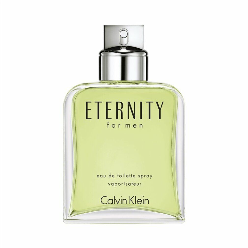 Eckige Glasflasche mit silbernem Zerstäuber. Aufschrift: Eternity for Men, Eau de Toilette, Calvin Klein.