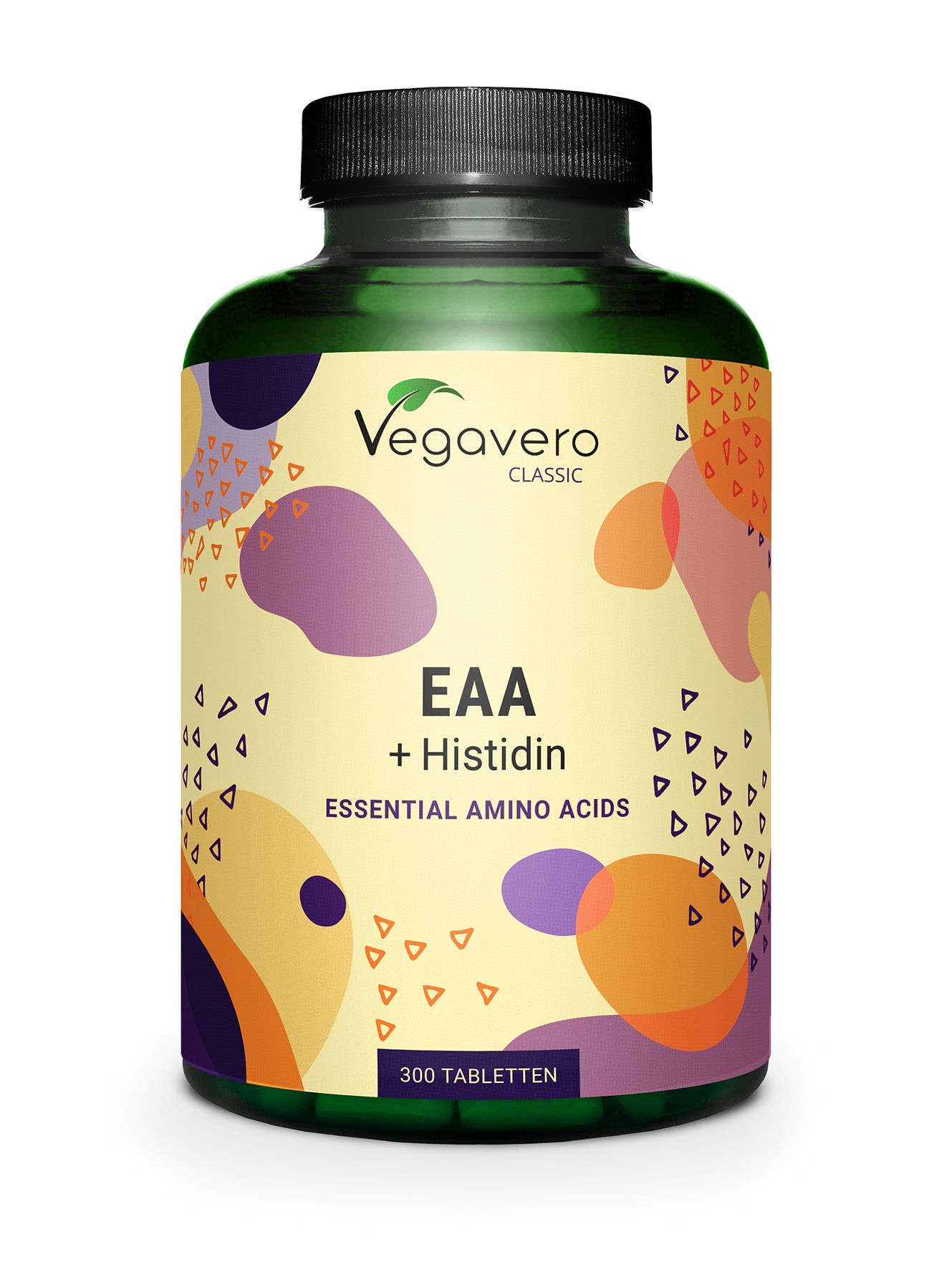 Grüne Flasche mit Tabletten. Aufschrift: Vegavaro Classic, EAA + Histidin, Essential Amino Acids, 300 Tabletten.