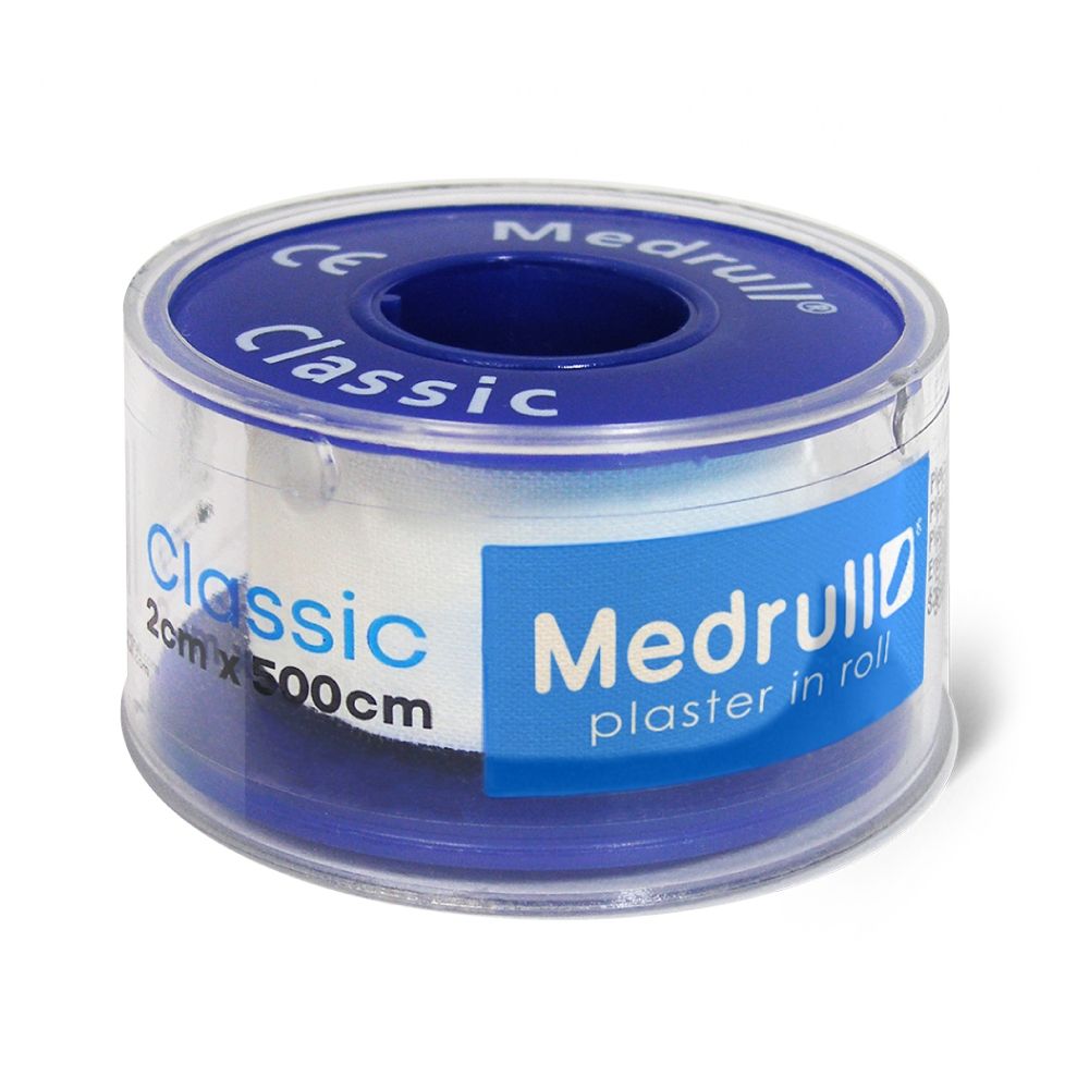 Medrull Classic Pflasterrolle, 2cm x 500cm, in durchsichtiger Hülle mit blauer Kappe.