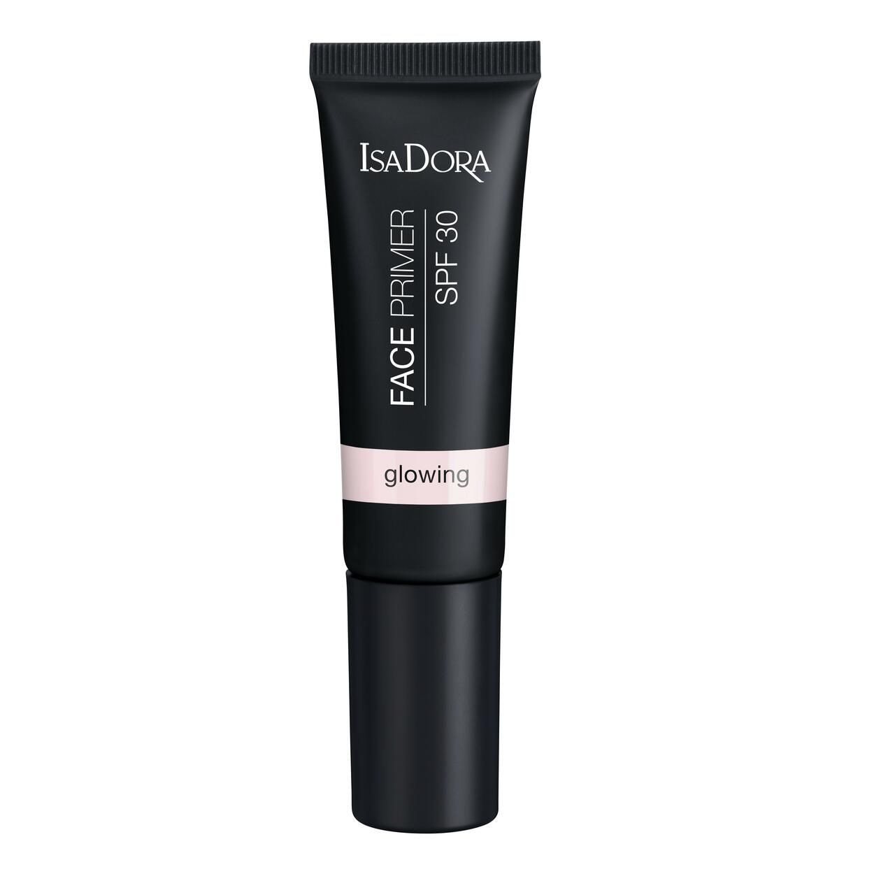 Schwarze Tube mit IsaDora Face Primer Glowing SPF 30. Rosa Streifen mit 'glowing'.