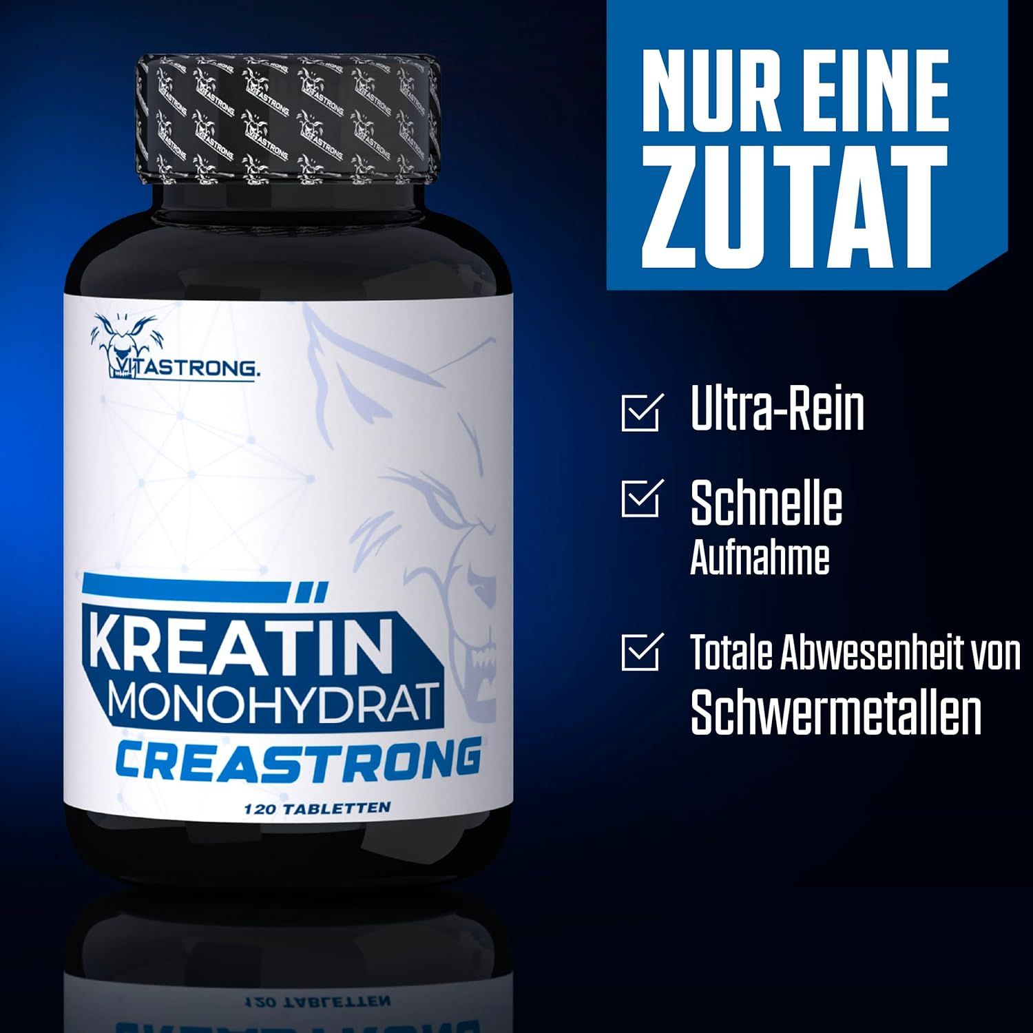 Schwarze Flasche mit weißem Etikett. Text: Kreatin Monohydrat Creastrong, 120 Tabletten. Nur eine Zutat.