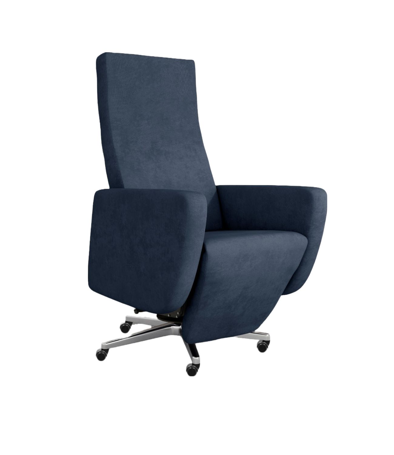Blauer Relaxsessel mit Rollen. Hohe Rückenlehne, Armlehnen, silbernes Gestell, Rollen. Aufrecht stehend.