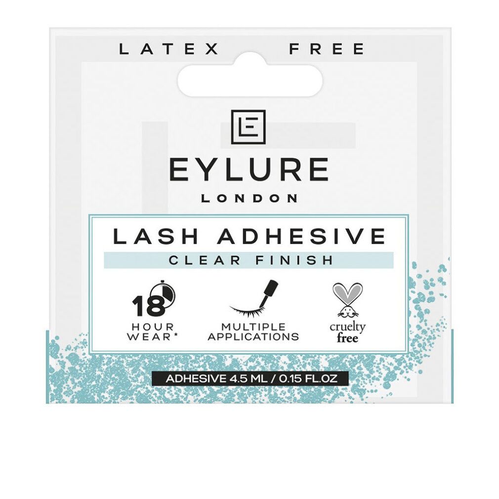 Eylure Lash Adhesive Clear Finish. Verpackung mit Produktinformationen. 18 Stunden Haltbarkeit. Mehrfache Anwendungen. Tierversuchsfrei.