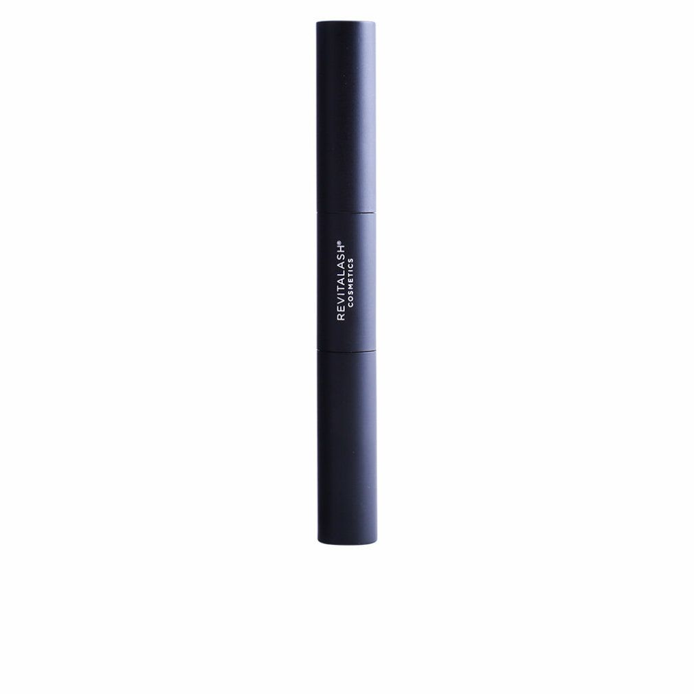 Zylindrische, dunkelblaue Kosmetikverpackung. Mit weißer Schrift: Revitalash Cosmetics.