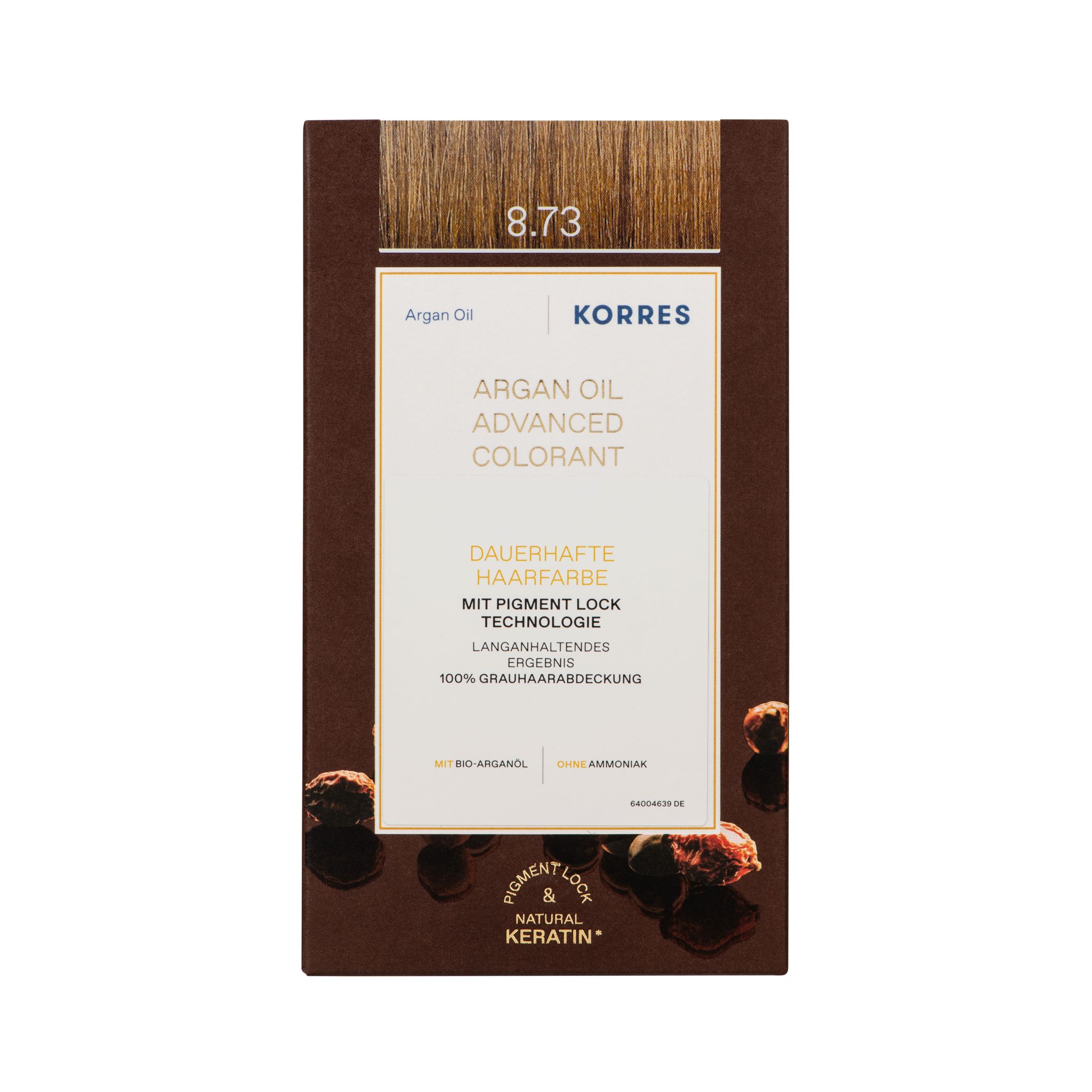 KORRES Arganöl Haarfarbe. Verpackung mit Produktinformationen und Farbton 8.73. Logo und Produktname deutlich sichtbar.