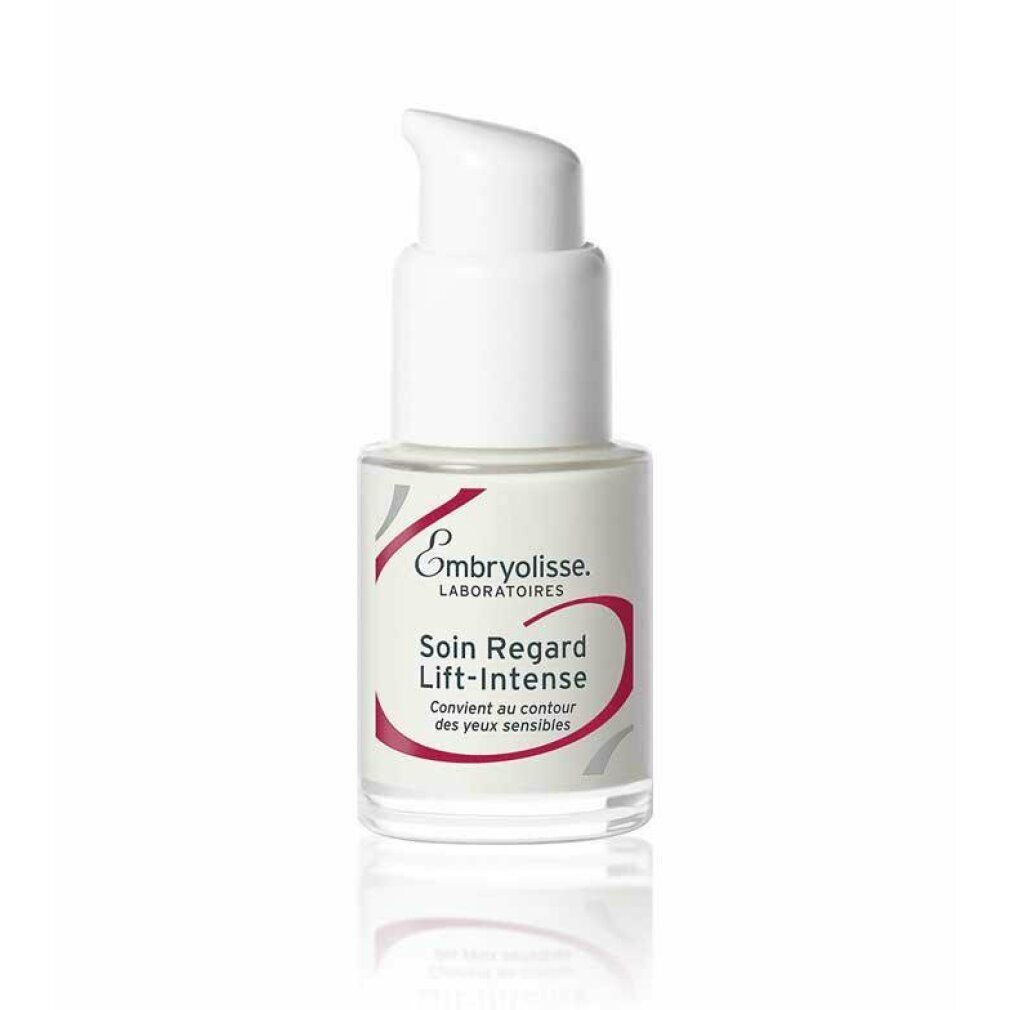 Weißer Tiegel mit weißem Pumpkopf. Roter Schriftzug: Embryolisse, Soin Regard Lift-Intense. Für empfindliche Augenpartie.