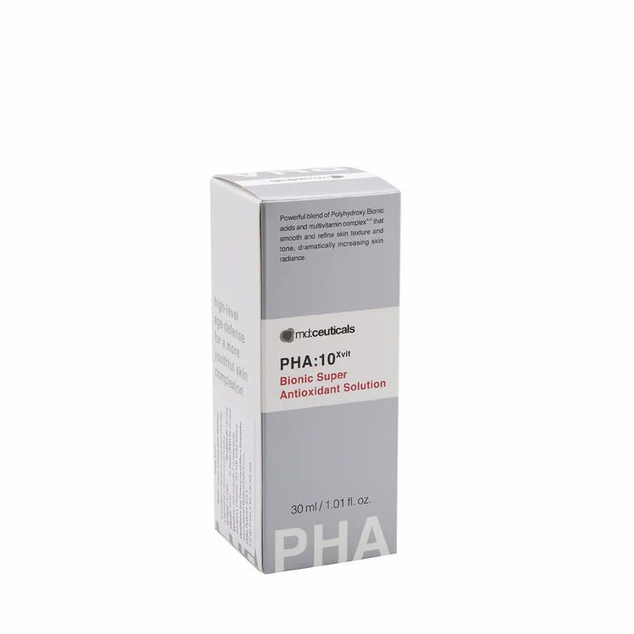 Graue und weiße Produktverpackung. Text: PHA:10 Xvit Bionic Super Antioxidant Solution. Volumen: 30 ml / 1.01 fl. oz.