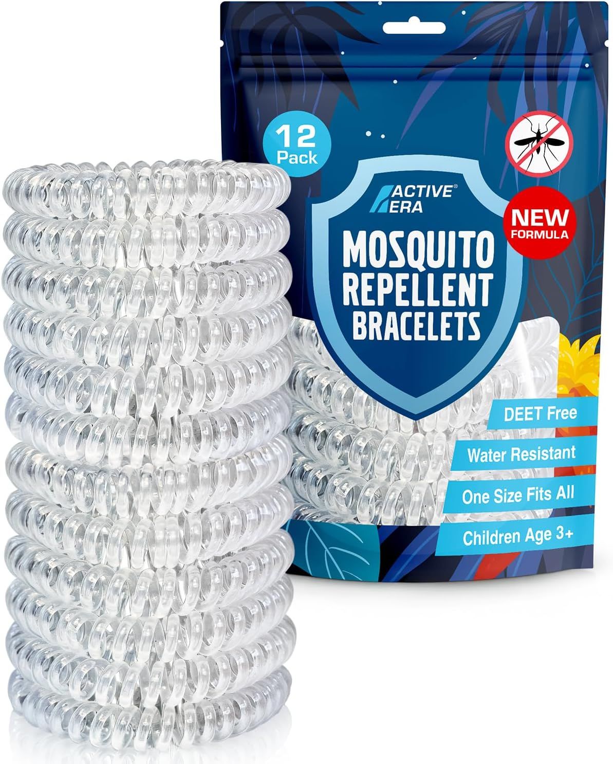 Packung mit spiralförmigen Armbändern. Text: Active Era, Mosquito Repellent Bracelets, 12 Pack, DEET Free, Water Resistant.
