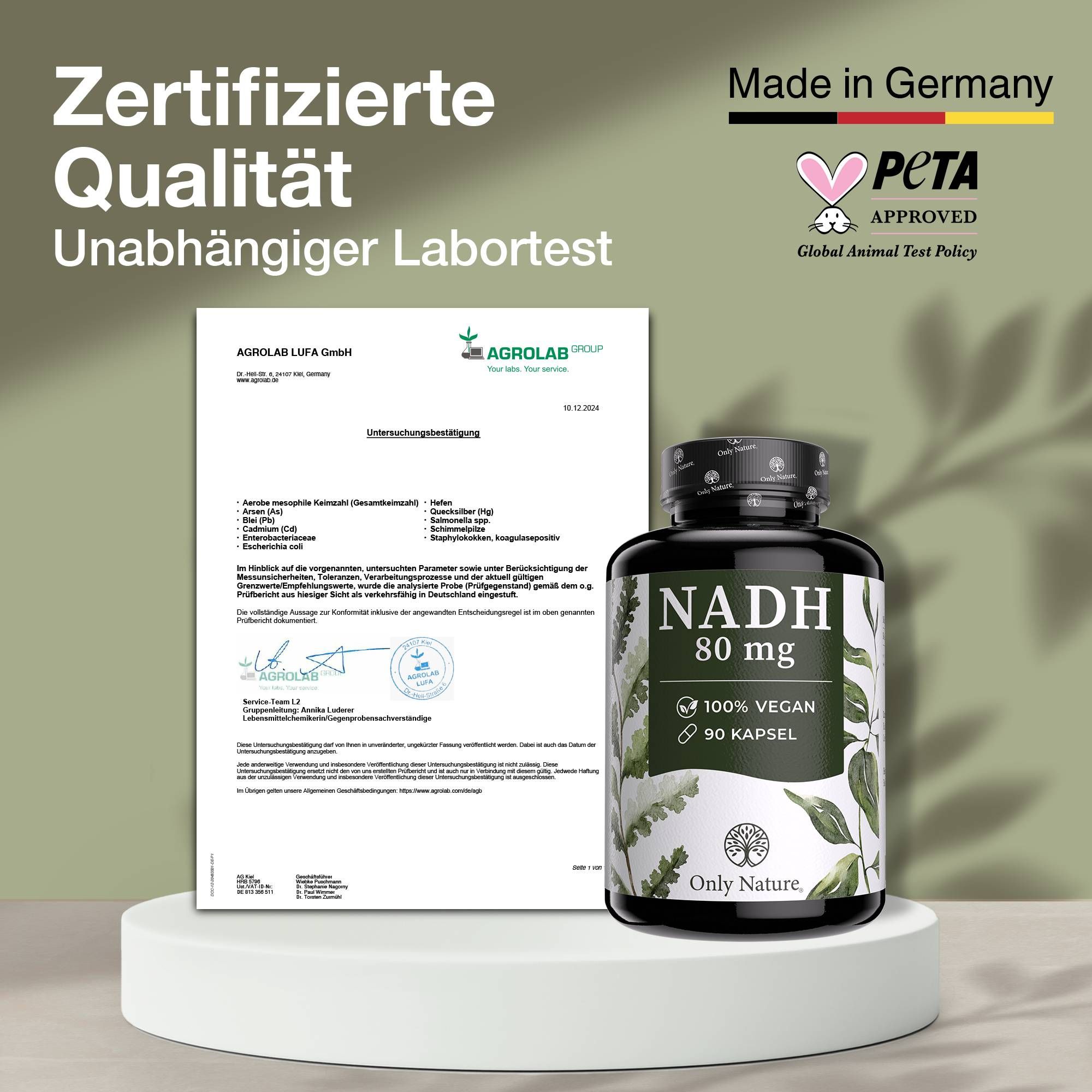 Flasche Only Nature NADH Kapseln (80 mg, 100% Vegan, 90 Kapseln) neben einem Laborbericht von Agrolab.