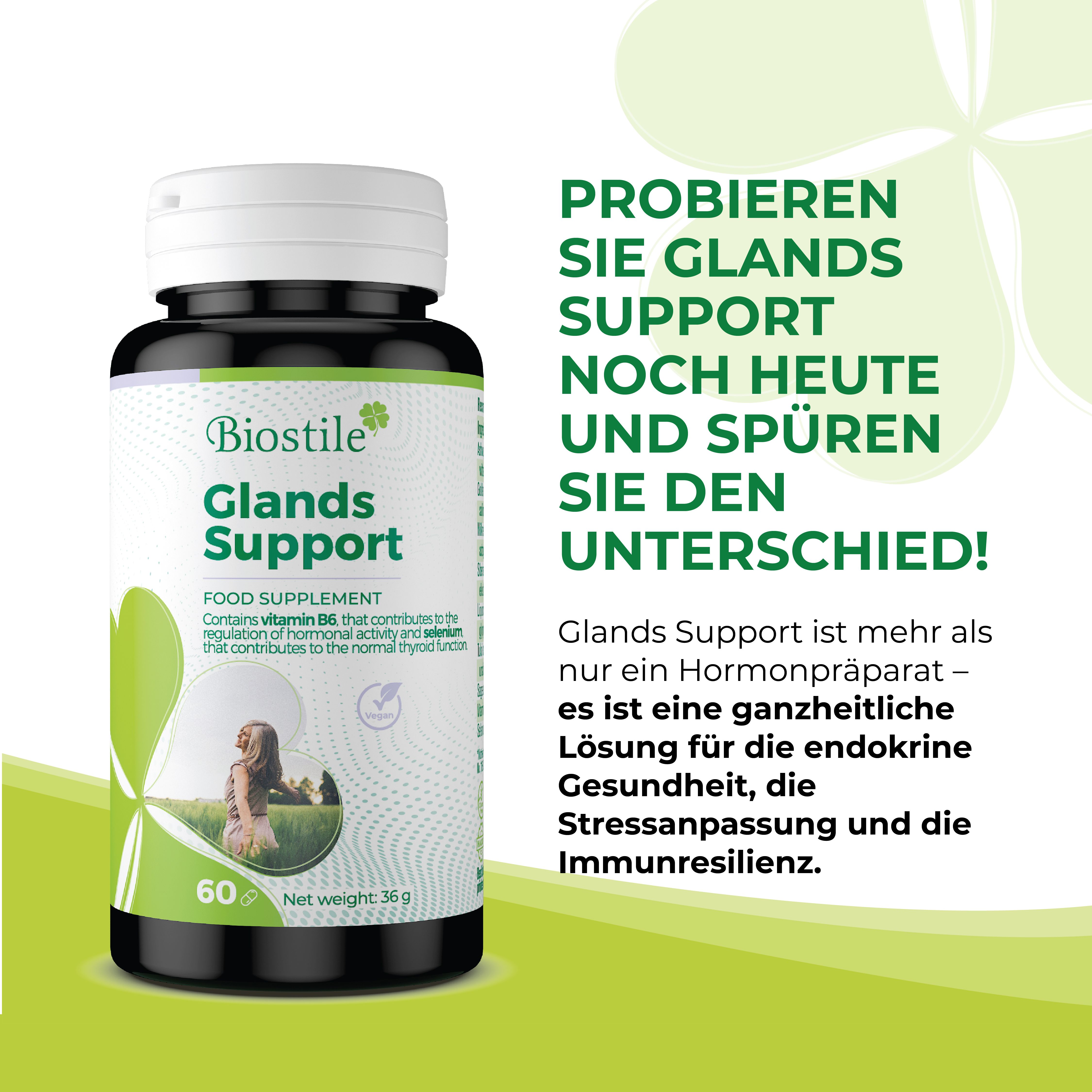 Biostile Glands Support Flasche. Text: Probieren Sie Glands Support noch heute!