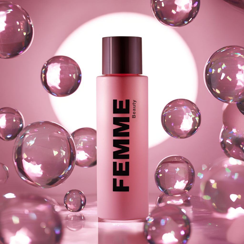 FEMME Beauty Flasche mit dunklem Verschluss, umgeben von rosa Blasen.