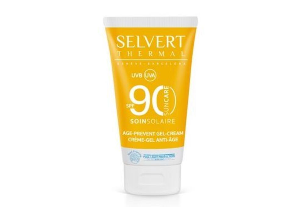Gel-Creme-Tube mit gelbem Hintergrund. Aufschrift: SELVERT THERMAL, 90 SPF, SOINSOLAIRE, AGE-PREVENT GEL-CREAM.
