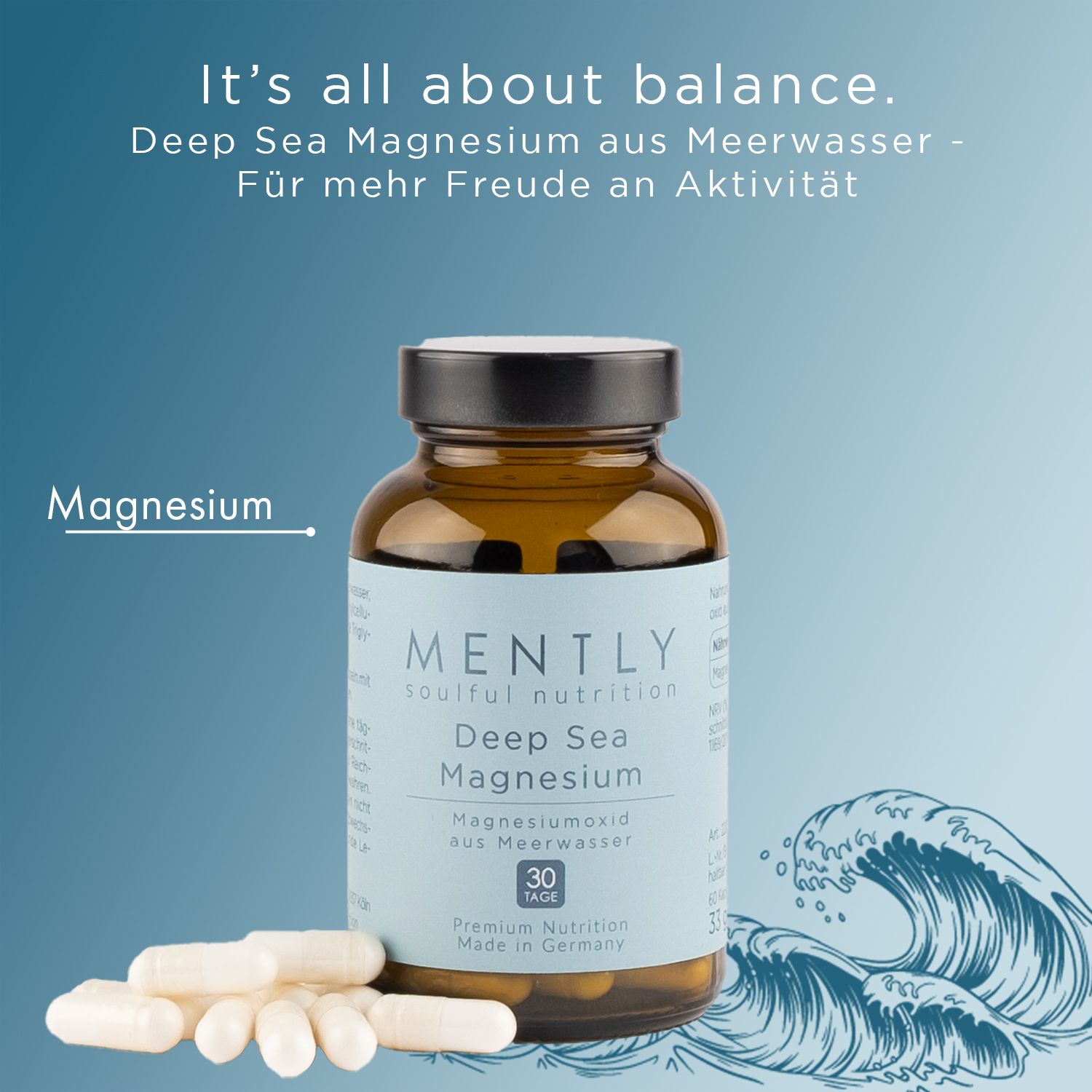 Braune Glasflasche mit Kapseln. Aufschrift: MENTLY Deep Sea Magnesium. 30 Tage Packung. Einige Kapseln liegen daneben.