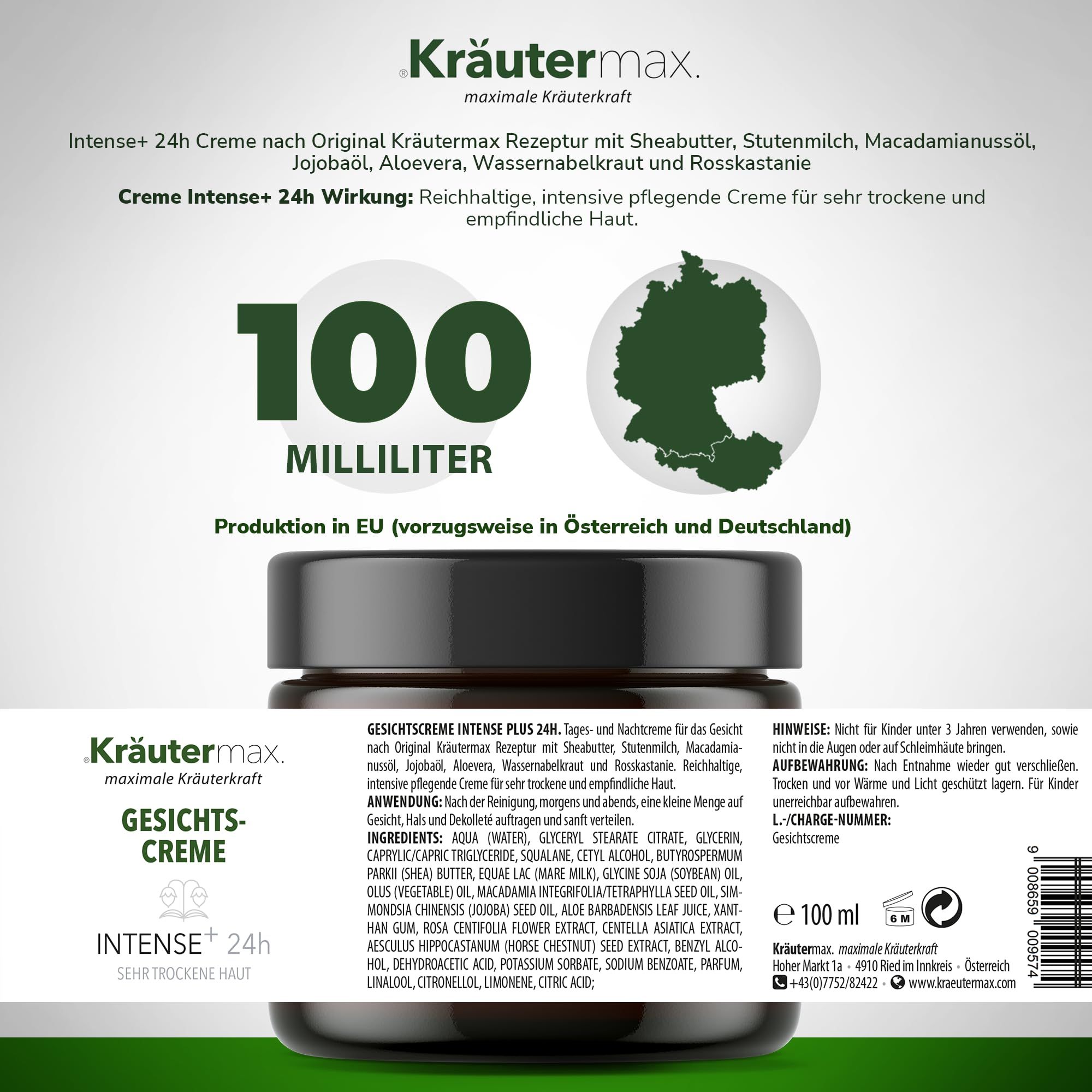 Braunes Cremeglas mit schwarzem Deckel. Aufkleber mit Produktbezeichnung. Text: 100 Milliliter. Karte mit Deutschland-Umriss.
