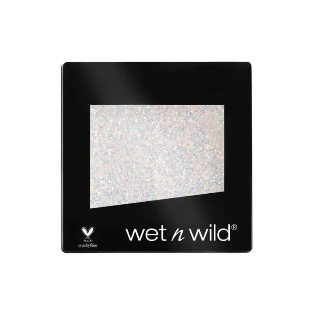 Glitzer-Lidschatten in schwarzer Verpackung. "wet n wild"-Logo und Cruelty-free-Symbol. Helles, glitzerndes Produkt.