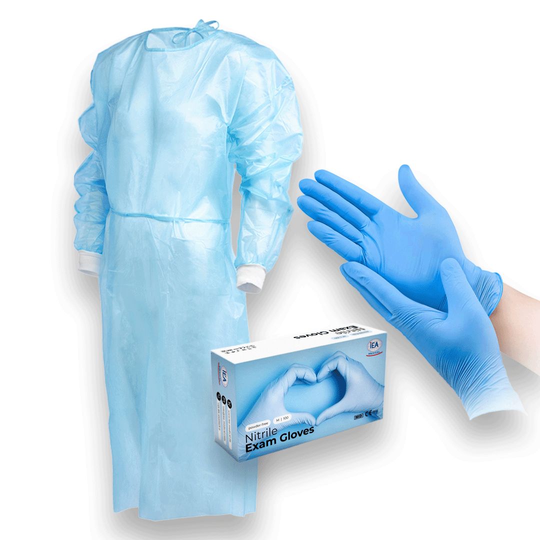 IEA Medical Schutz-Set: Schutzkittel Blau & Nitrilhandschuhe Blau