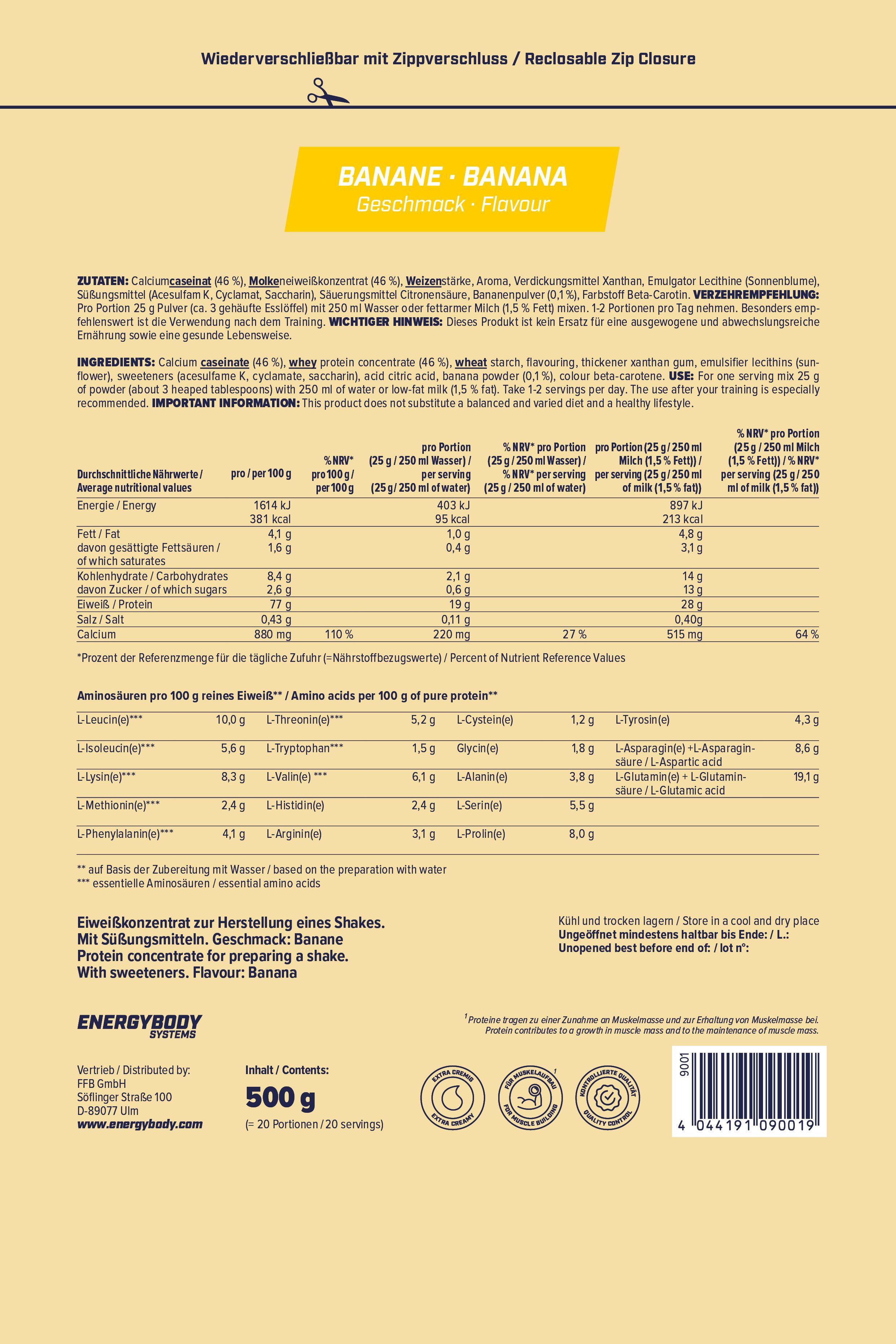 Rückseite der Mega Protein Verpackung. Enthält Zutaten, Nährwertangaben und Aminosäuren. Text: Banane/Banana.