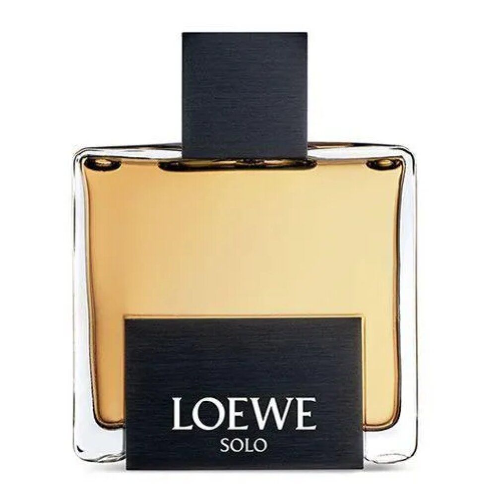 Loewe Solo Flakon. Rechteckiger Flakon mit schwarzem Deckel und Label. Logo Loewe Solo.