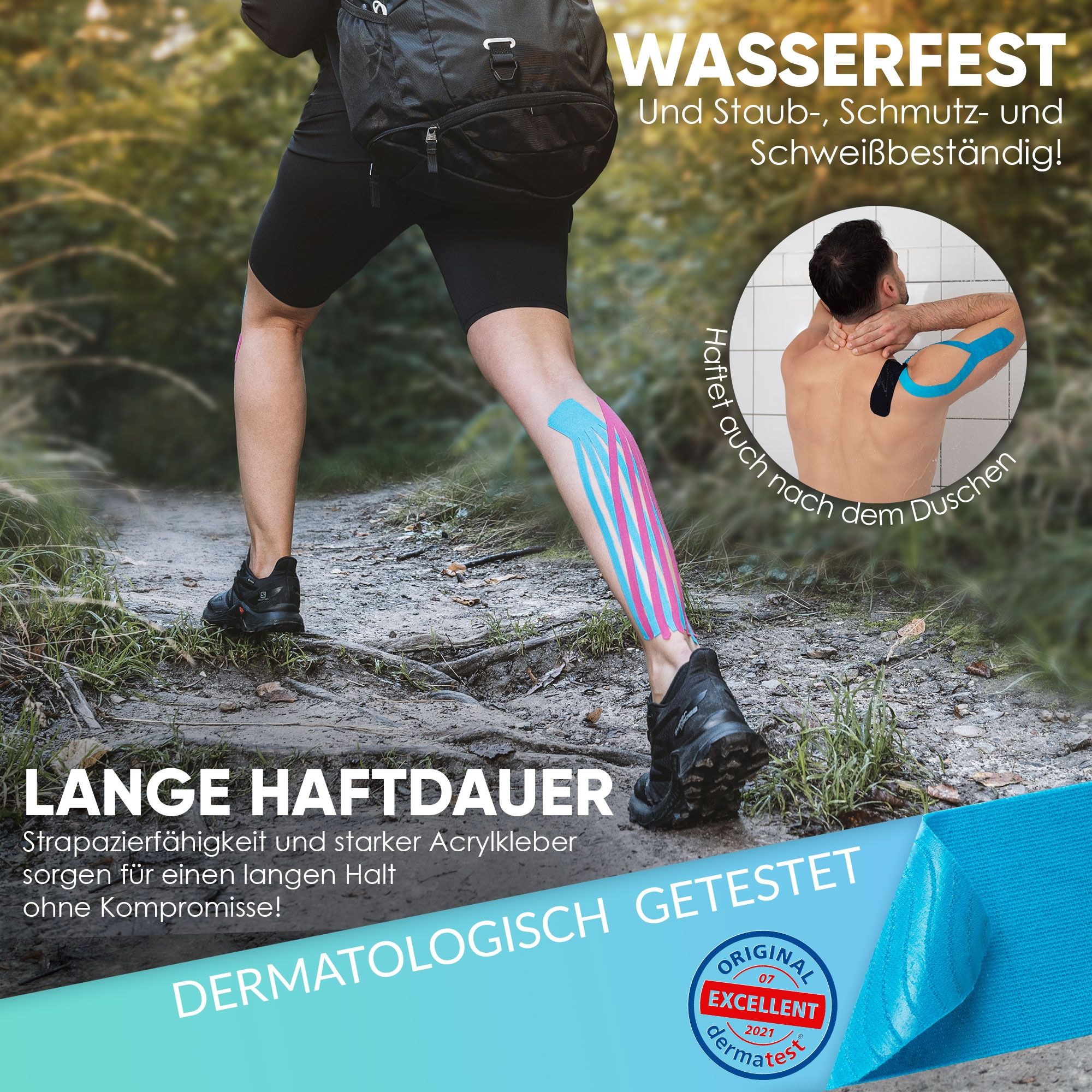 Precut Kinesiotape Per Ginocchia - 15 Nastri Pretagliati Sportivi - Impermeabili, Elastici, Ipoallergenici - Blu