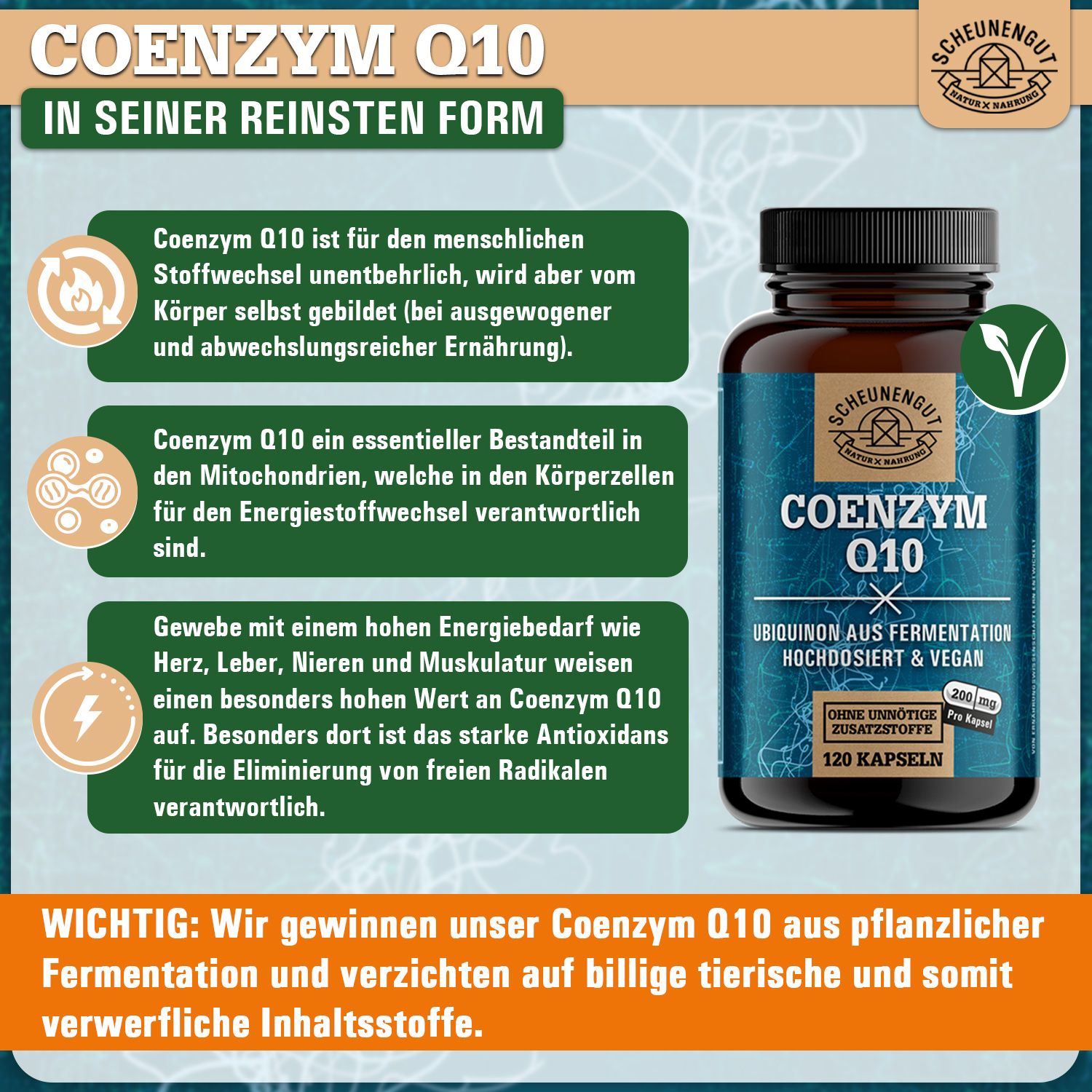 Scheunengut® Coenzym Q10 | pflanzlicher Rohstoff aus Fermentation 200mg pro Kapsel 120 St Kapseln