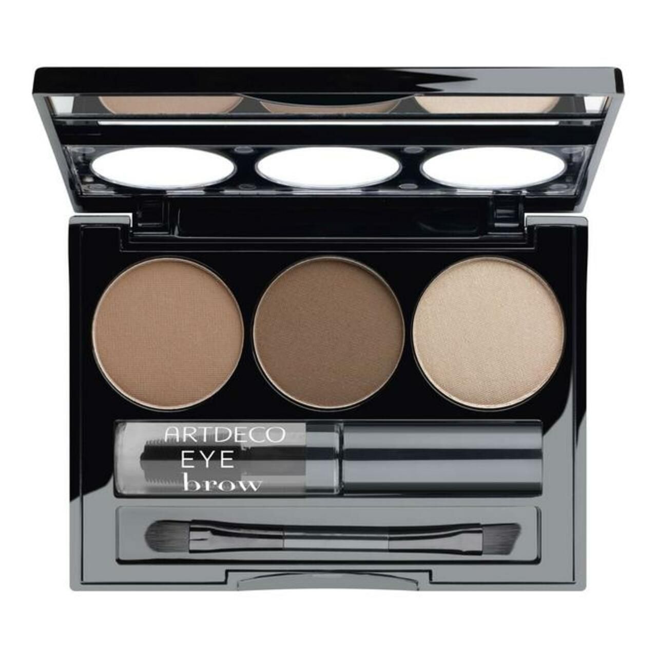 Artdeco Augenbrauen-Kit. Schwarze Palette mit drei Farbtönen, Spiegel, Bürste und Augenbrauengel. Produktname sichtbar.