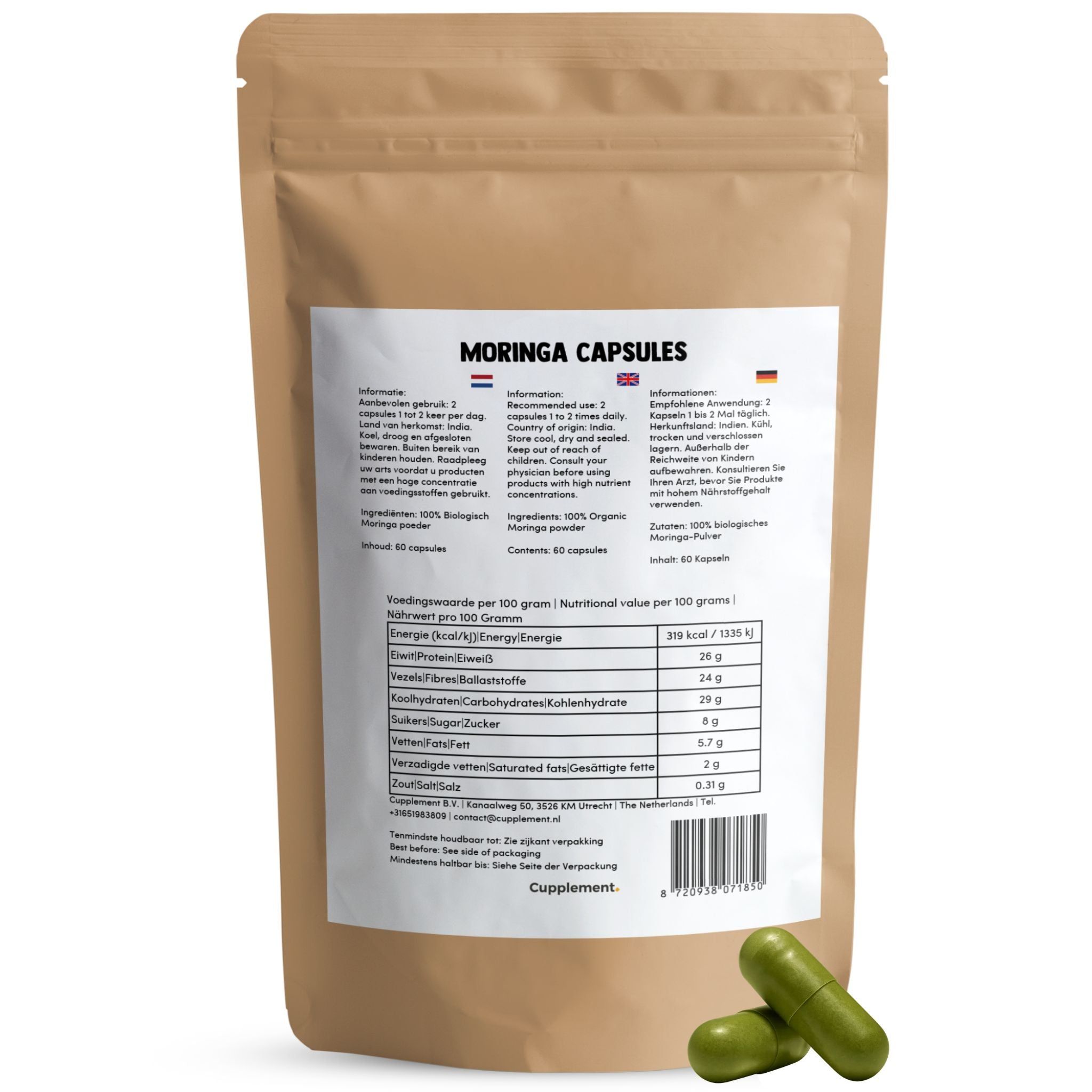 Braune Tüte mit Moringa-Kapseln. Aufschrift: Moringa Capsules. Enthält 60 Kapseln. Zwei grüne Kapseln liegen daneben.