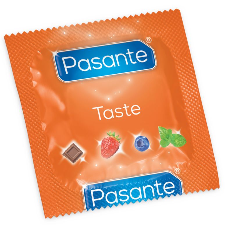Einzelverpackung Pasante Taste. Abgebildet: Schokolade, Erdbeere, Blaubeere, Minze.