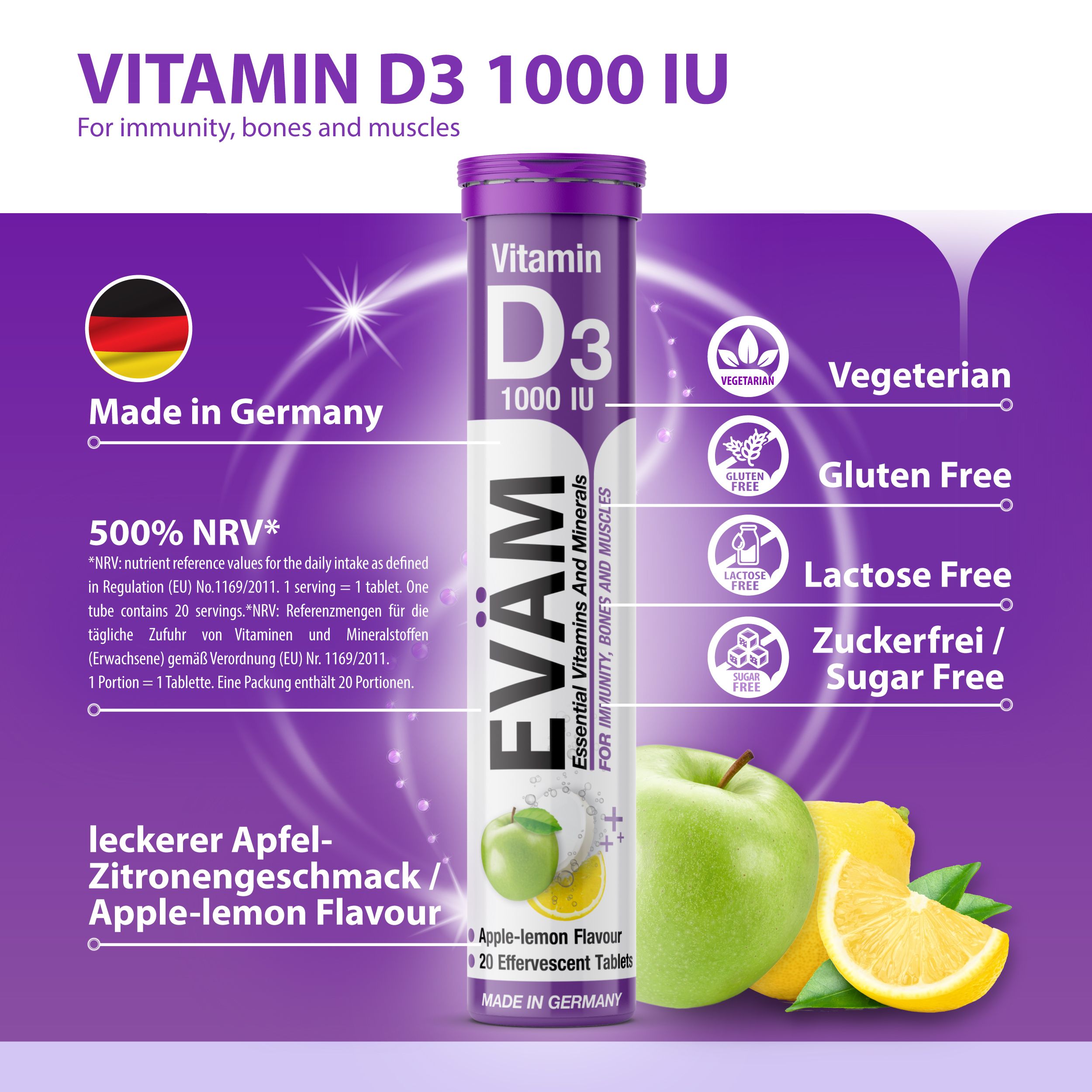 Tuben EVÄM Vitamin D3 1000 IU. Aufschrift: Essential Vitamins And Minerals. Made in Germany. Vegetarisch, glutenfrei, laktosefrei, zuckerfrei.