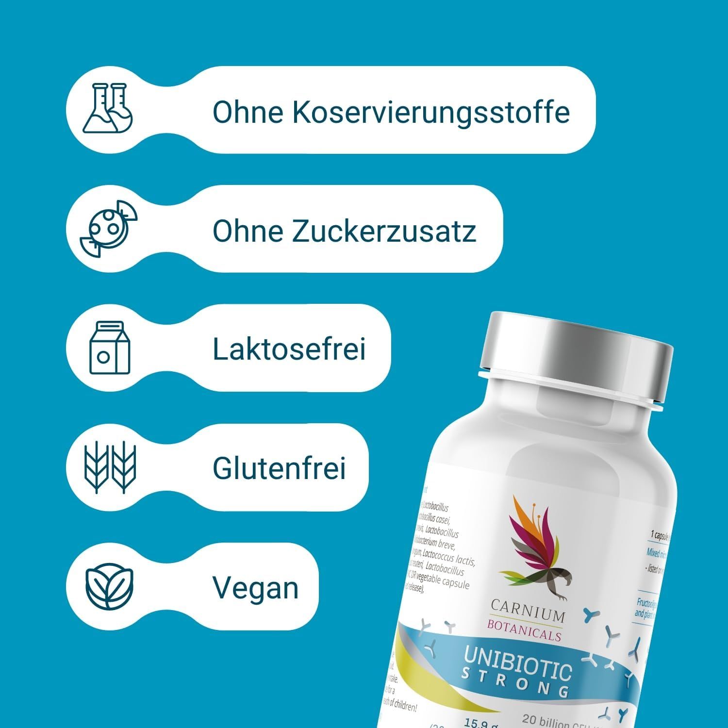 Flasche mit Kapseln. Aufschrift: Unibiotic STRONG, 20 Milliarden CFU/15 Stämme. Marke: CARNIUM BOTANICALS. Text über Inhaltsstoffe.