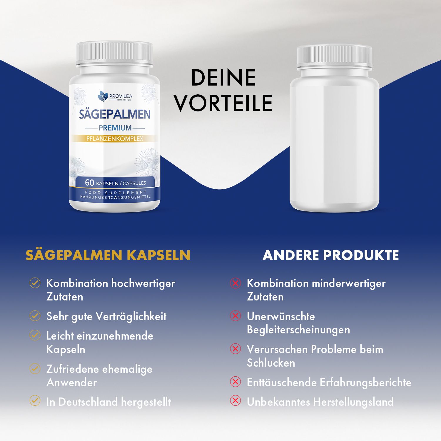 Vergleich von zwei Flaschen. Links: SÄGEPALMEN Kapseln. Rechts: Andere Produkte. Text: Vorteile und Nachteile der Produkte.