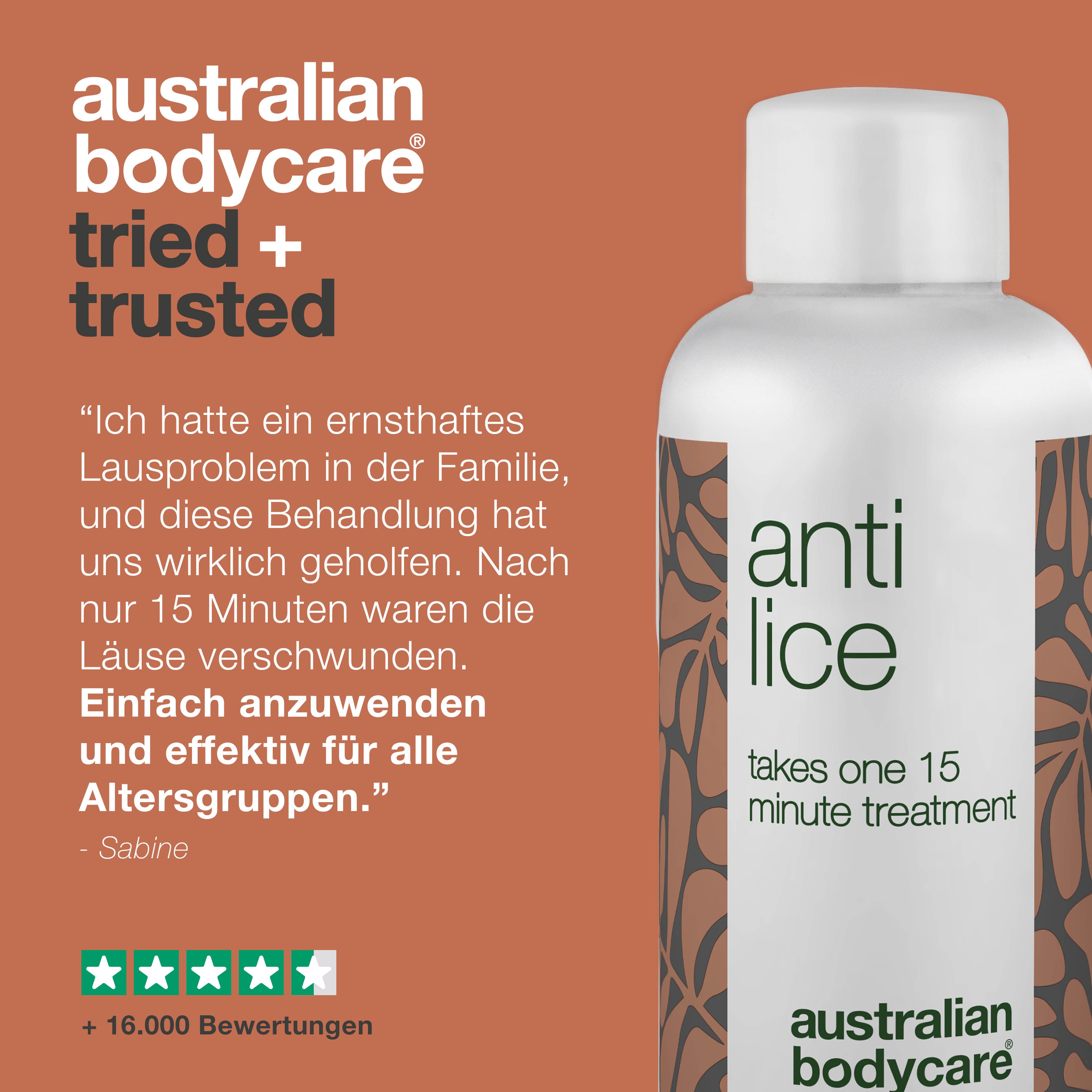 Produktflasche "Anti Lice" neben Text. Text: Zitat einer Kundin über die Behandlung.