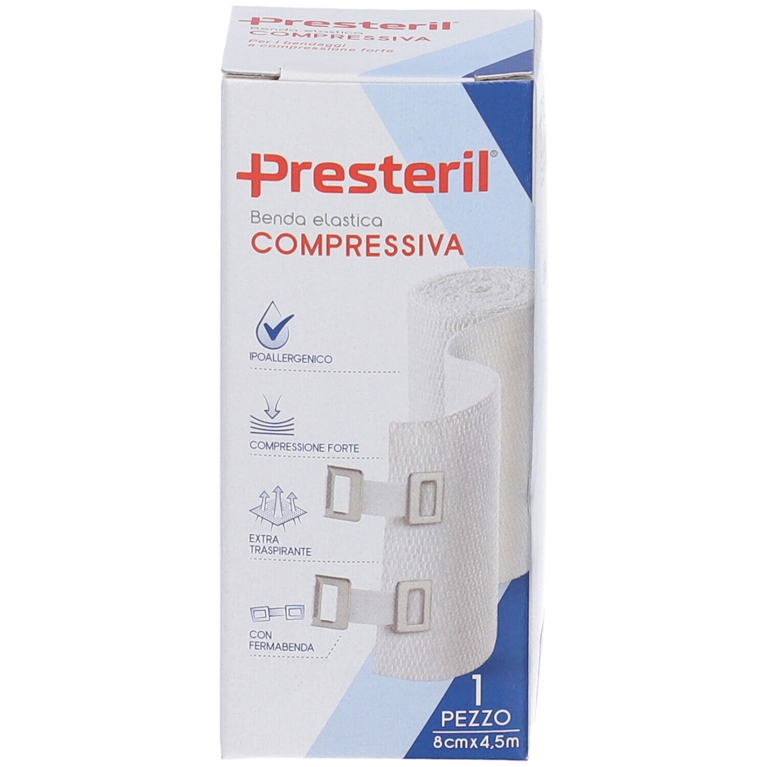 Presteril Benda Elastica Compressiva. Weiße elastische Bandage mit Verschlüssen. 8cm x 4,5m. 1 Stück.
