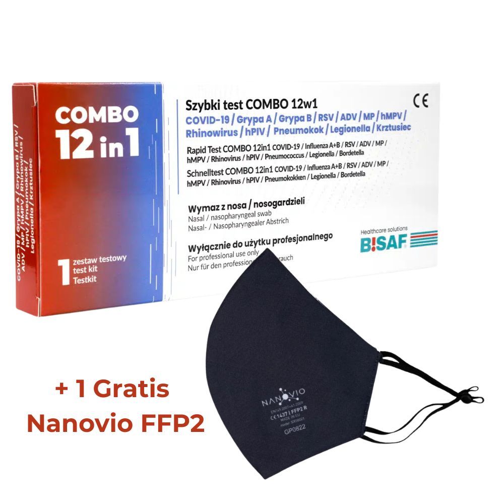 Werbebild mit Testkit, FFP2-Maske und Gratis-Hinweis. Text: Combo 12 in 1, Schnelltest, COVID-19, Influenza, RSV, etc. +1 Gratis Nanovio FFP2.