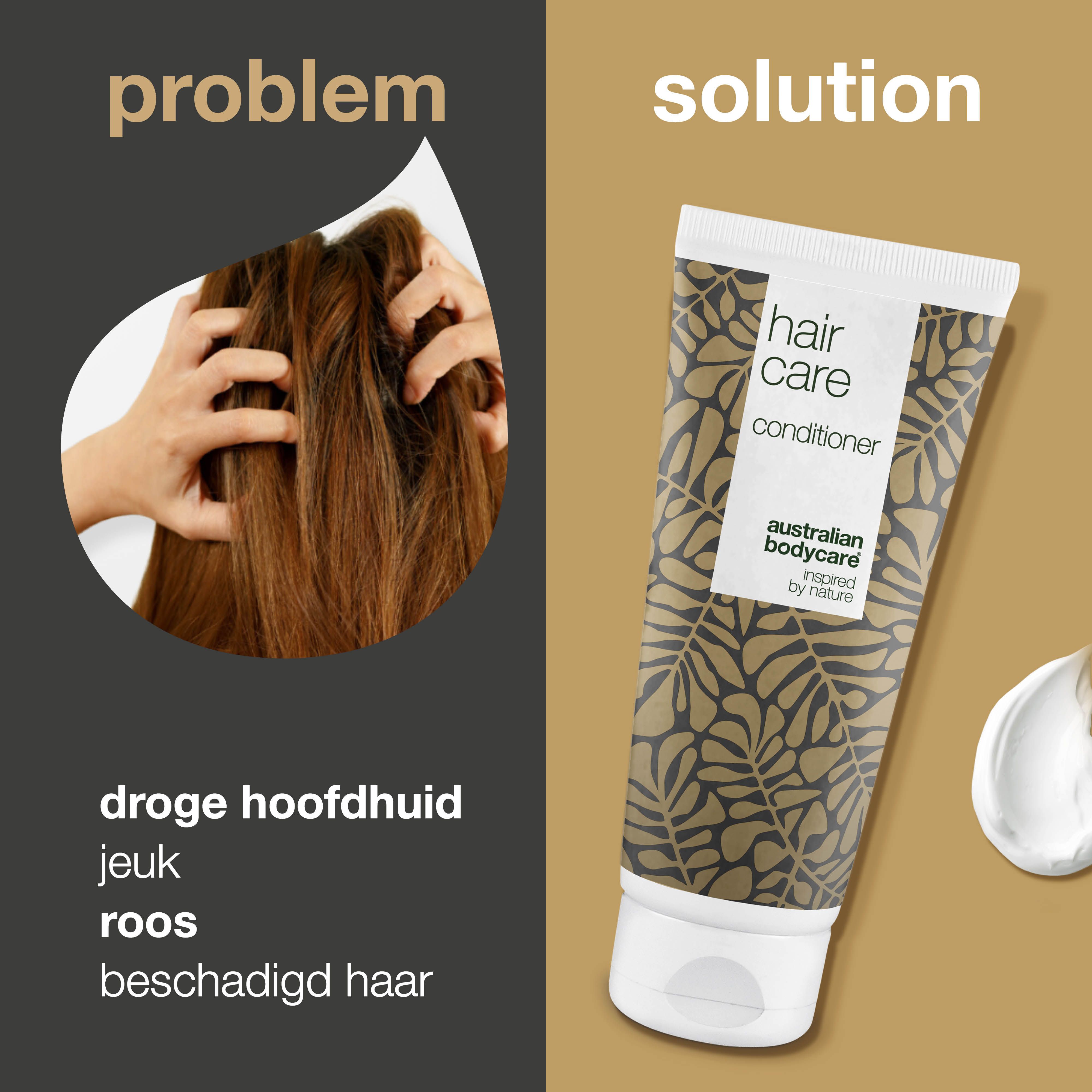 Vergelijking: probleem en oplossing. Persoon met droog haar en tube. Opschrift: Hair Care, Conditioner, Australian Bodycare.